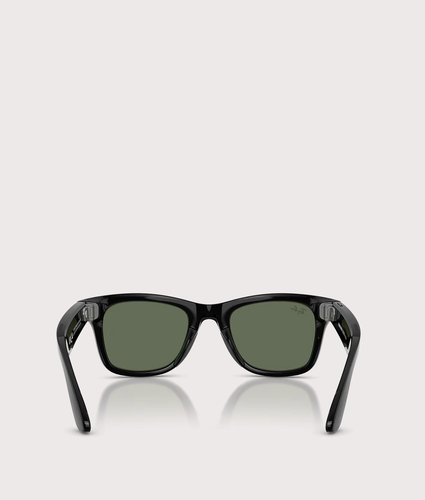 Ray-Ban Gen 2 Meta Wayfarer Sunglasses in Shiny Black with G15 Green Lens at EQVVS Menswear. Back shot.