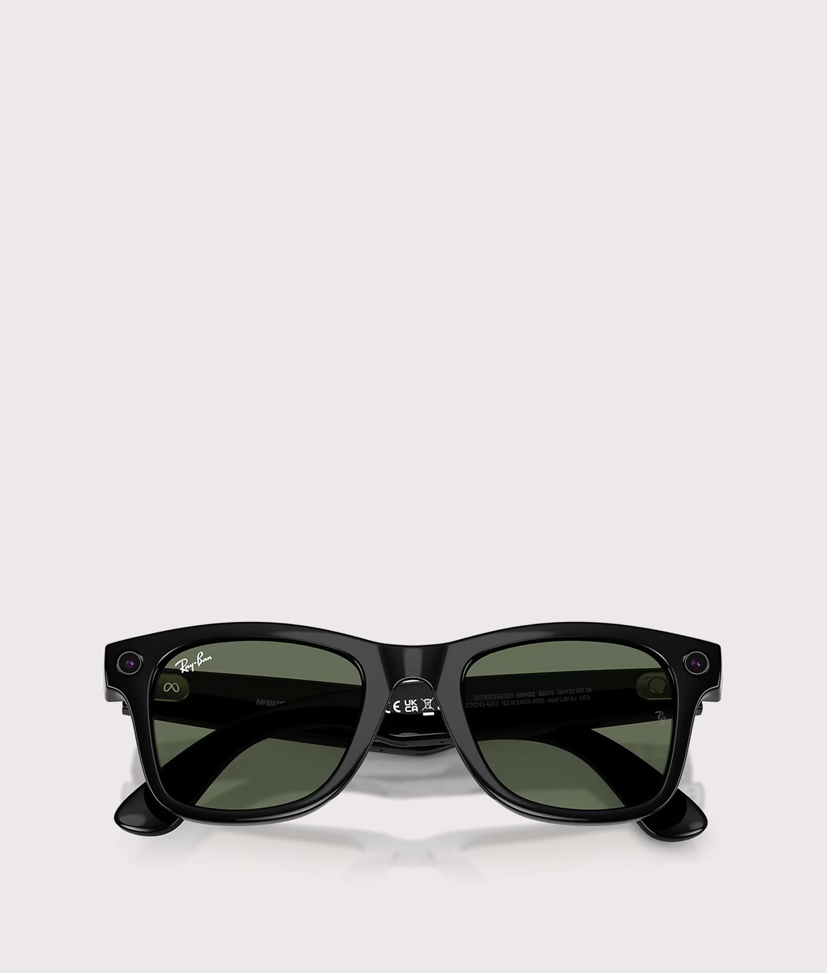 Ray-Ban Gen 2 Meta Wayfarer Sunglasses in Shiny Black with G15 Green Lens at EQVVS Menswear. Folded shot.