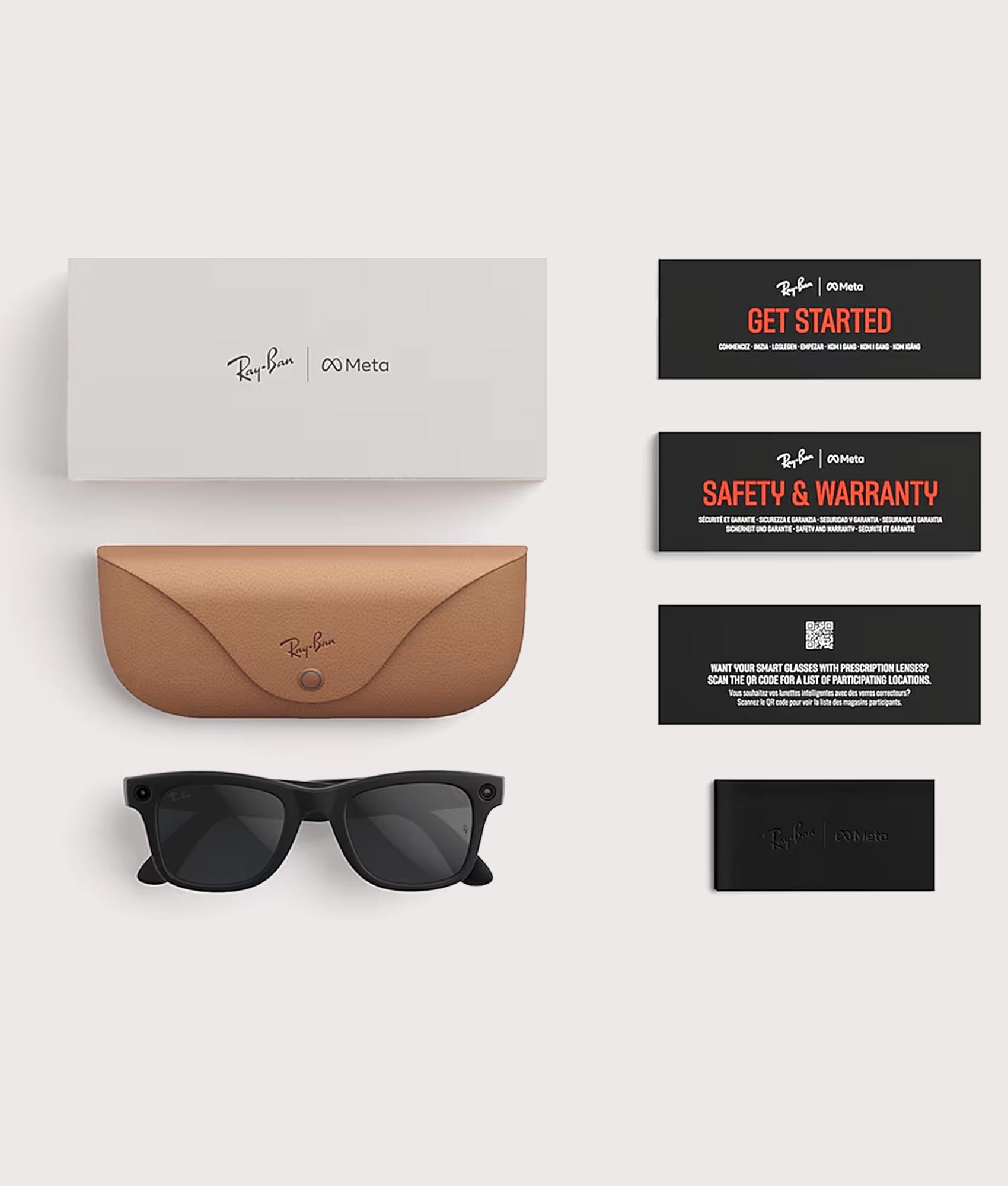 Ray-Ban Gen 2 Meta Wayfarer Sunglasses in Shiny Black with G15 Green Lens at EQVVS Menswear.  Packaging shot.