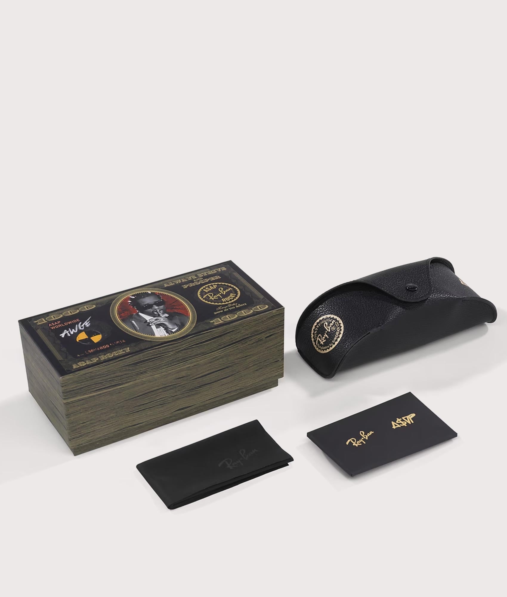 Ray-Ban RB3928 By A$AP Rocky Sunglasses in 001/71 Arista gold colourway with Dark Green lenses at EQVVS Menswear. Packaging shot.