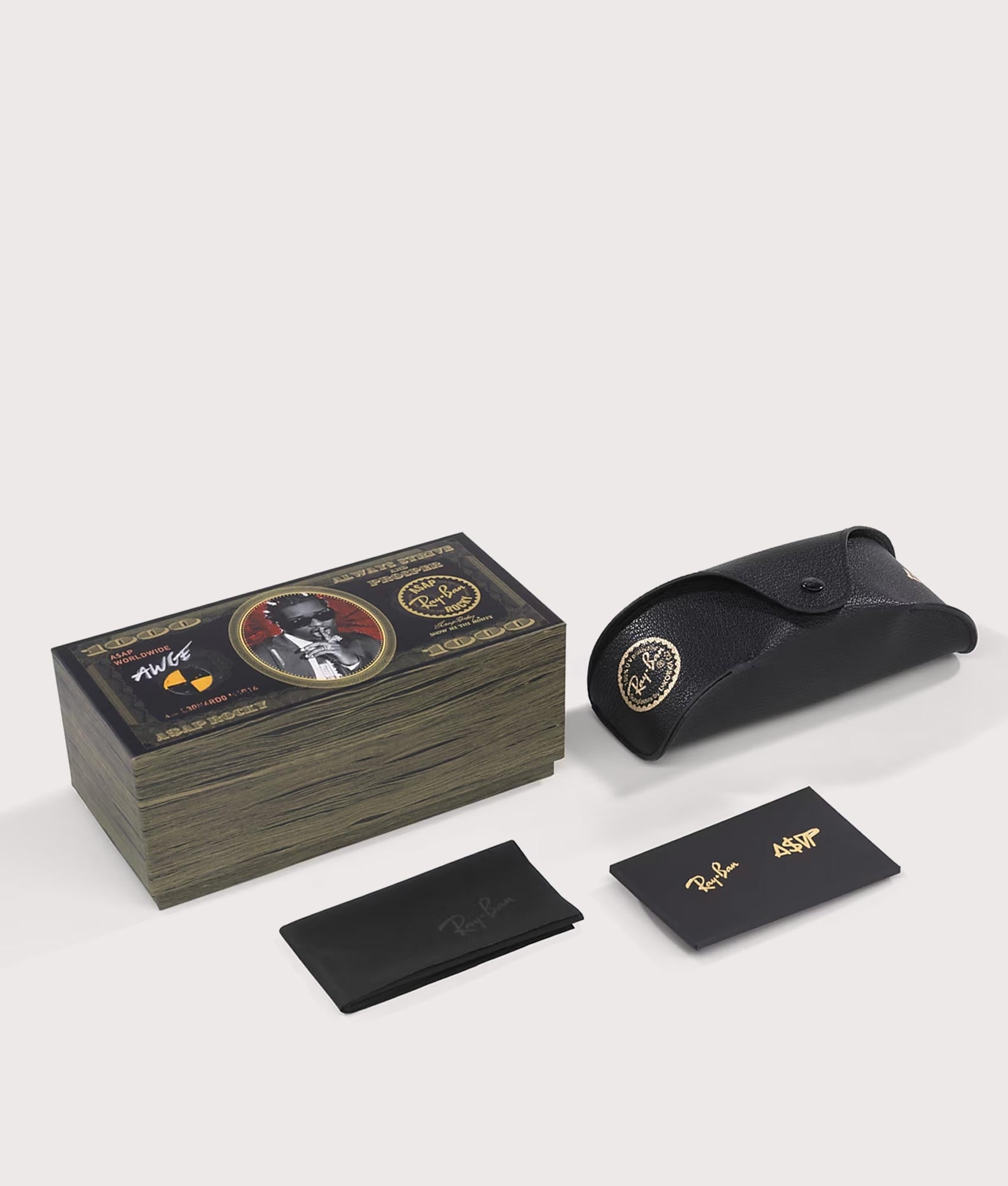 Ray-Ban RB3928 By A$AP Rocky Sunglasses in Polished Black colourway with Dark Grey Polarized lens at EQVVS Menswear. Packaging shot.