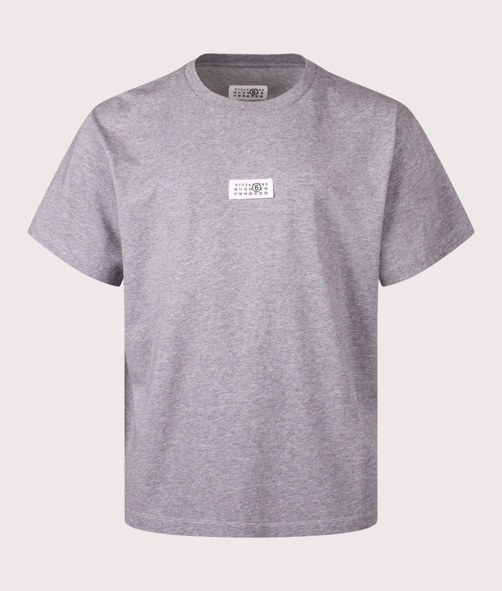 MM6 Maison Margiela Numeric Cotton T-Shirt in Light Grey Melange at EQVVS Menswear. Front shot.