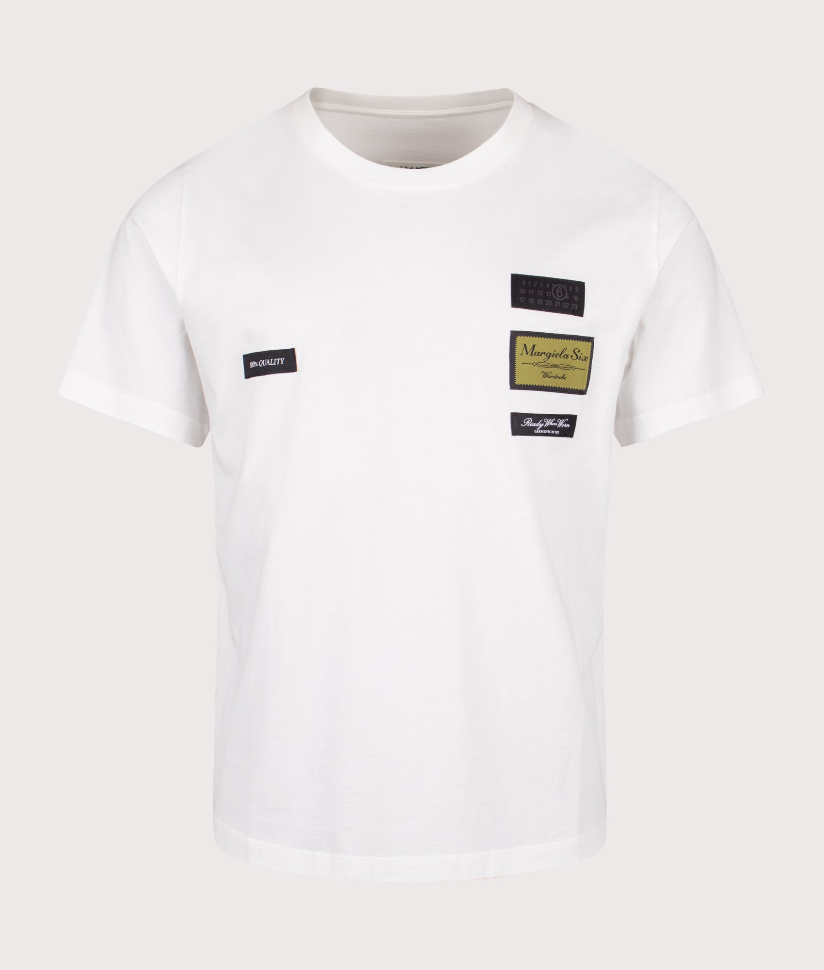 MM6 Maison Margiela Label Patch T-Shirt in Off White at EQVVS Menswear. Front shot.