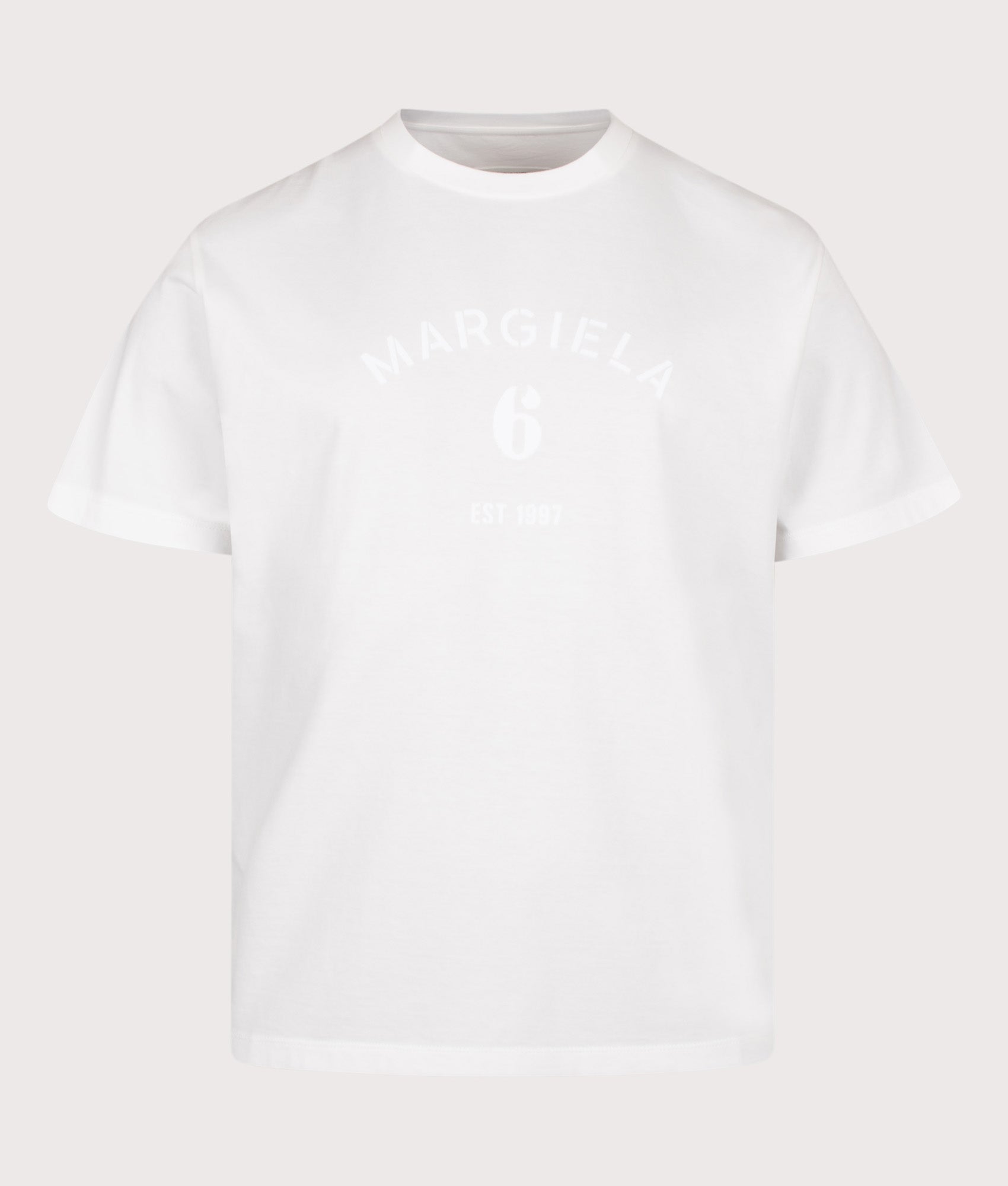 MM6 Maison Margiela Relaxed Fit Six Print T-Shirt in Off White at EQVVS Menswear. Front shot.