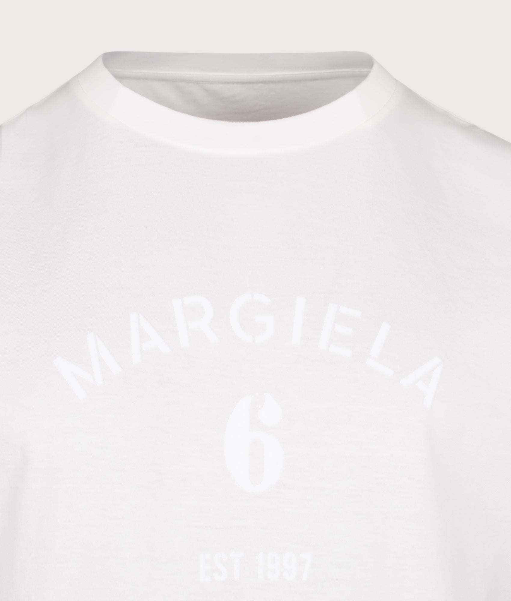 MM6 Maison Margiela Relaxed Fit Six Print T-Shirt in Off White at EQVVS Menswear. Detail shot.