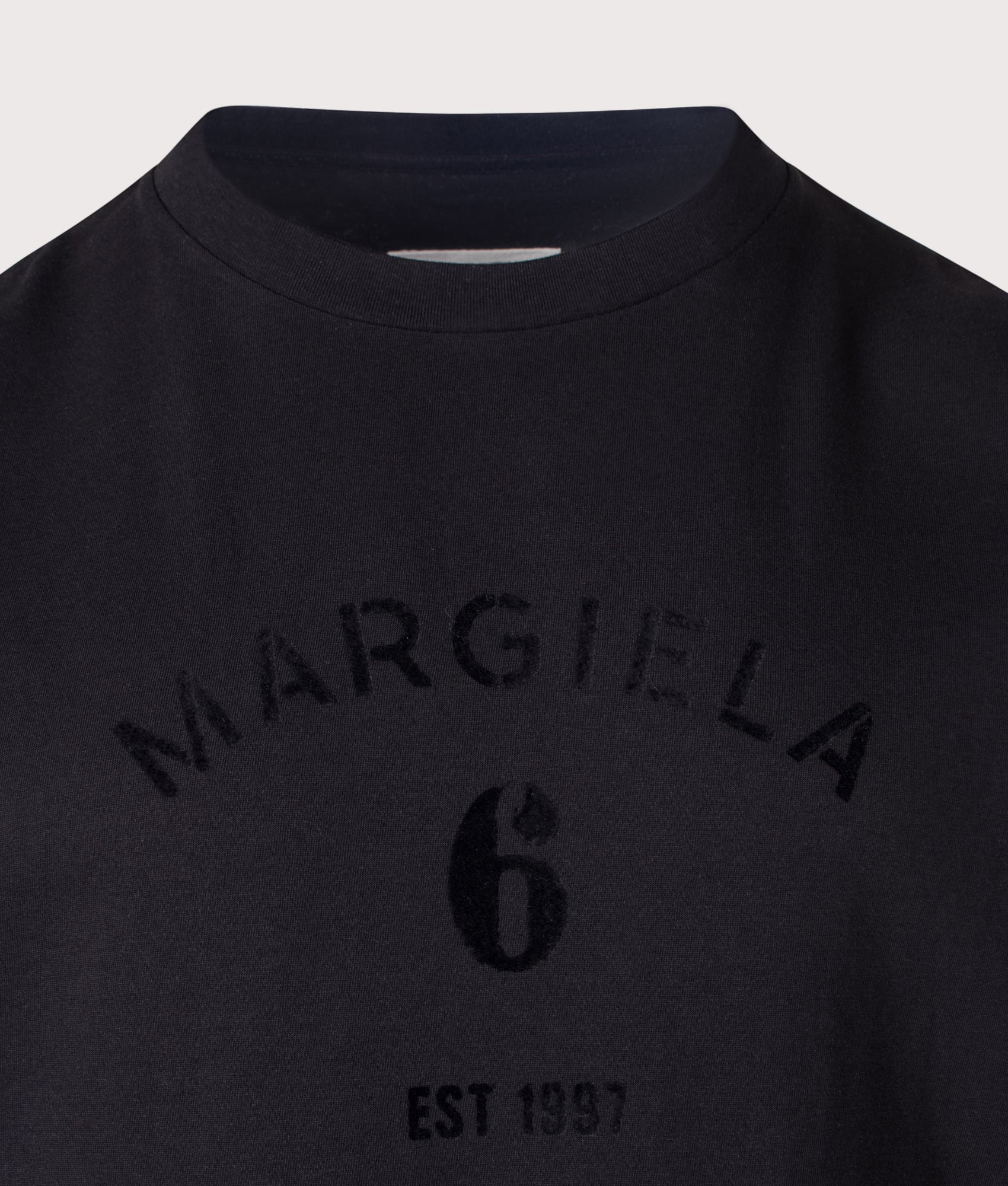 MM6 Maison Margiela Relaxed Fit Six Print T-Shirt in Black at EQVVS Menswear. Detail shot.