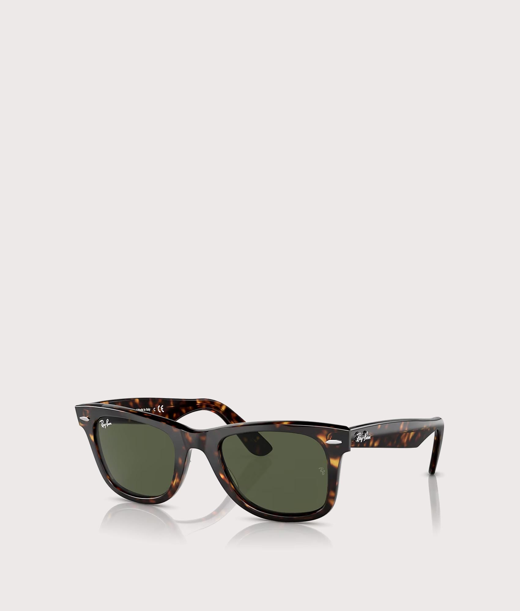Original Wayfarer Bio-Based Sunglasses in Polished Havana-Green Lenses by Ray-Ban. Shot by EQVVS. Front Detail Shot.
