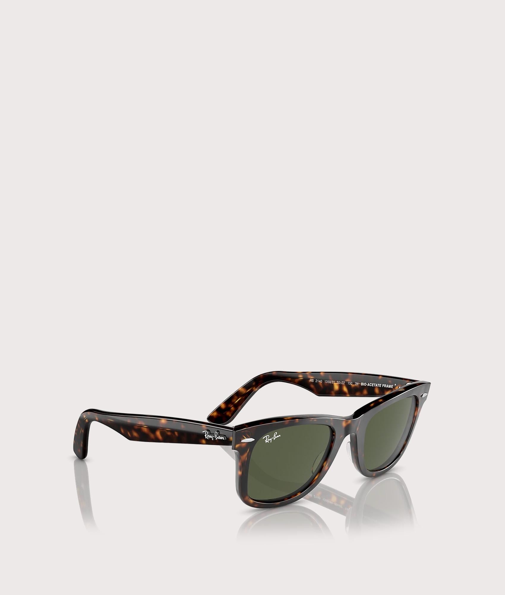Original Wayfarer Bio-Based Sunglasses in Polished Havana-Green Lenses by Ray-Ban. Shot by EQVVS. Angled Detail Shot.