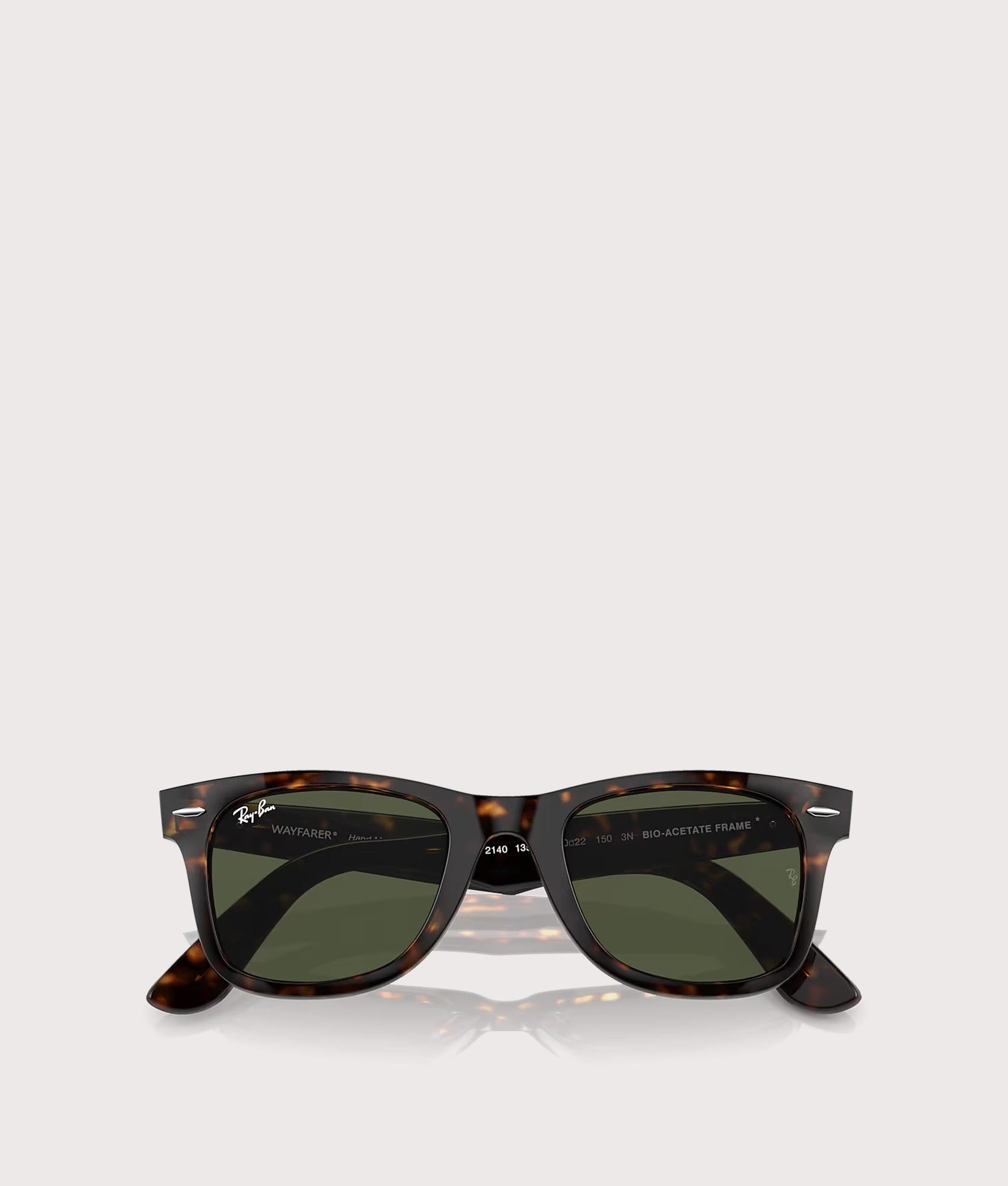 Original Wayfarer Bio-Based Sunglasses in Polished Havana-Green Lenses by Ray-Ban. Shot by EQVVS. Flat Shot.