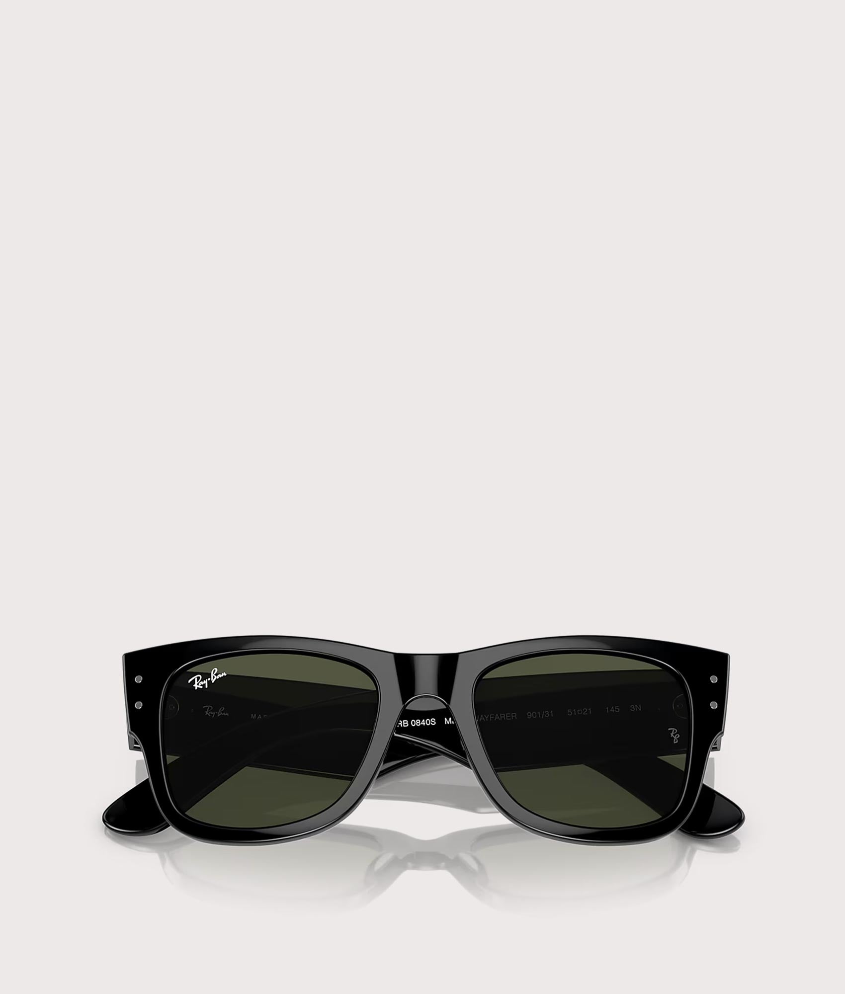 Ray-Ban Mega Wayfarer Sunglasses in Polished Black with Green Lenses. EQVVS Folder Shot.