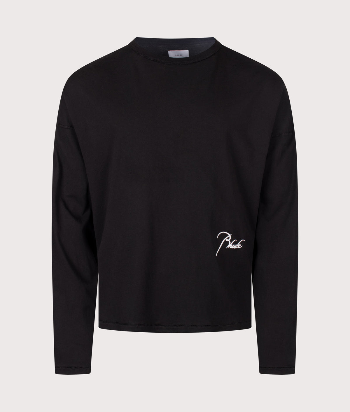 RHUDE Oversized Fit Classique Reverse Long Sleeve T-Shirt in Black and White at EQVVS Menswear. Front shot.