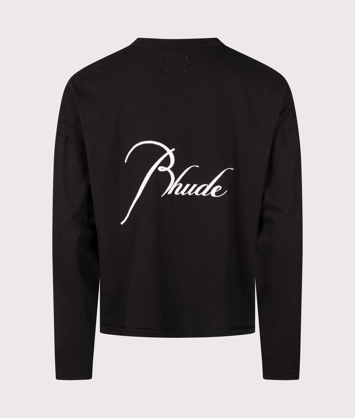 RHUDE Oversized Fit Classique Reverse Long Sleeve T-Shirt in Black and White at EQVVS Menswear. Back shot.