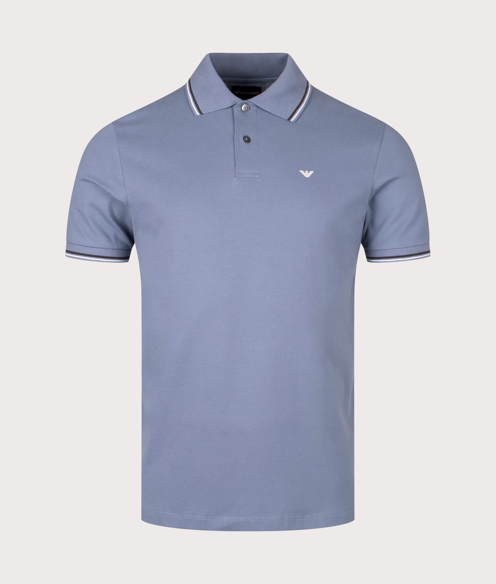 Essential Stretch Pique Polo Shirt in Pietra Focaia by Emporio Armani. EQVVS Front Angle Shot.