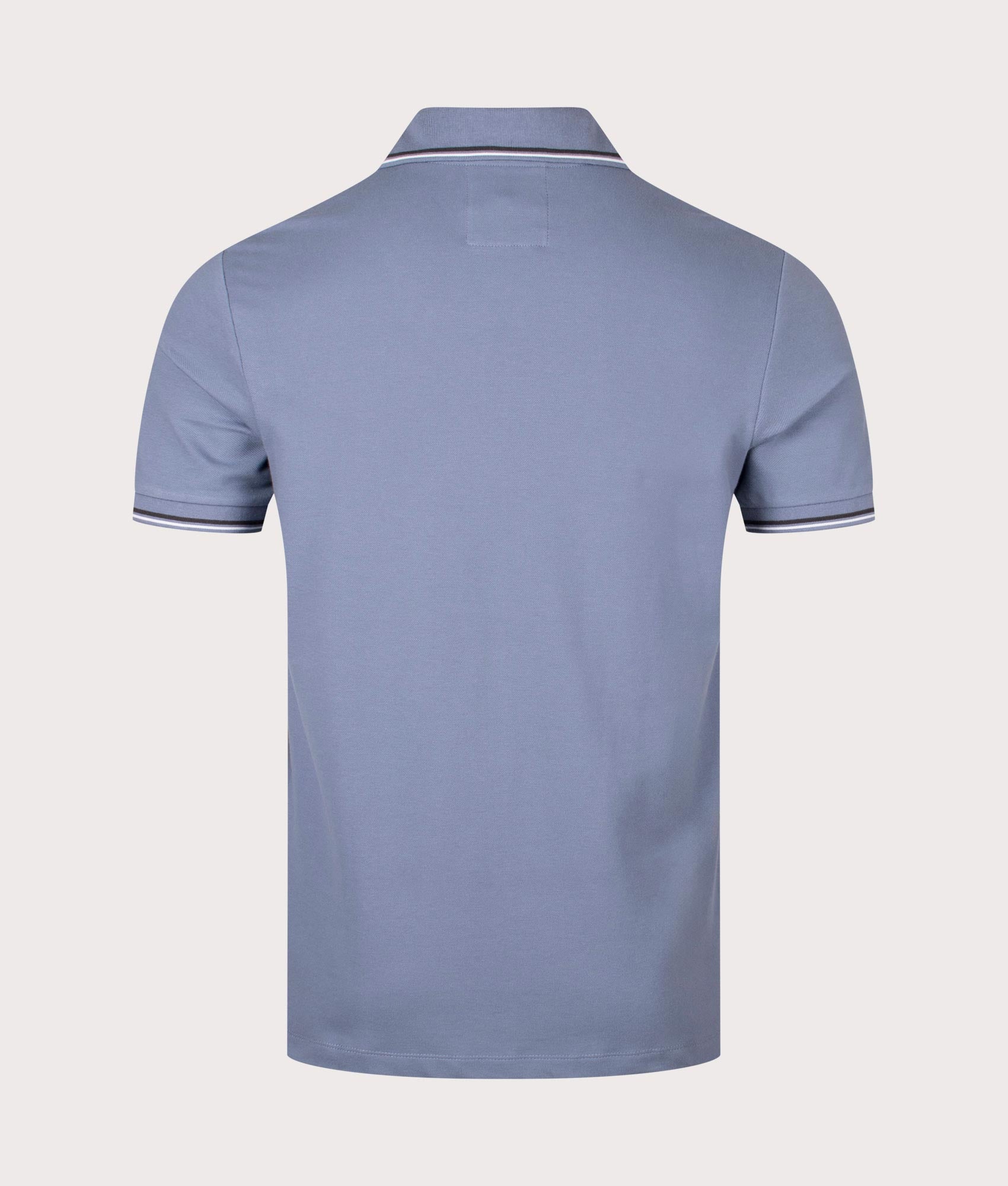 Essential Stretch Pique Polo Shirt in Pietra Focaia by Emporio Armani. EQVVS Back Angle Shot.