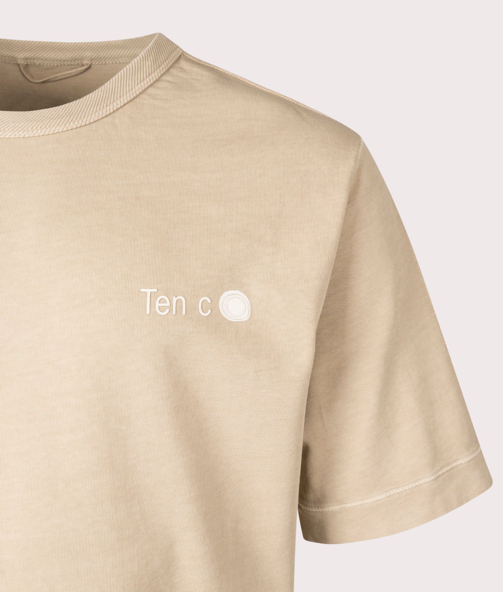 Ten c Mineral Garment Dyed T-Shirt, 100% Cotton in Terracotta at EQVVS. Close-up shot. 
