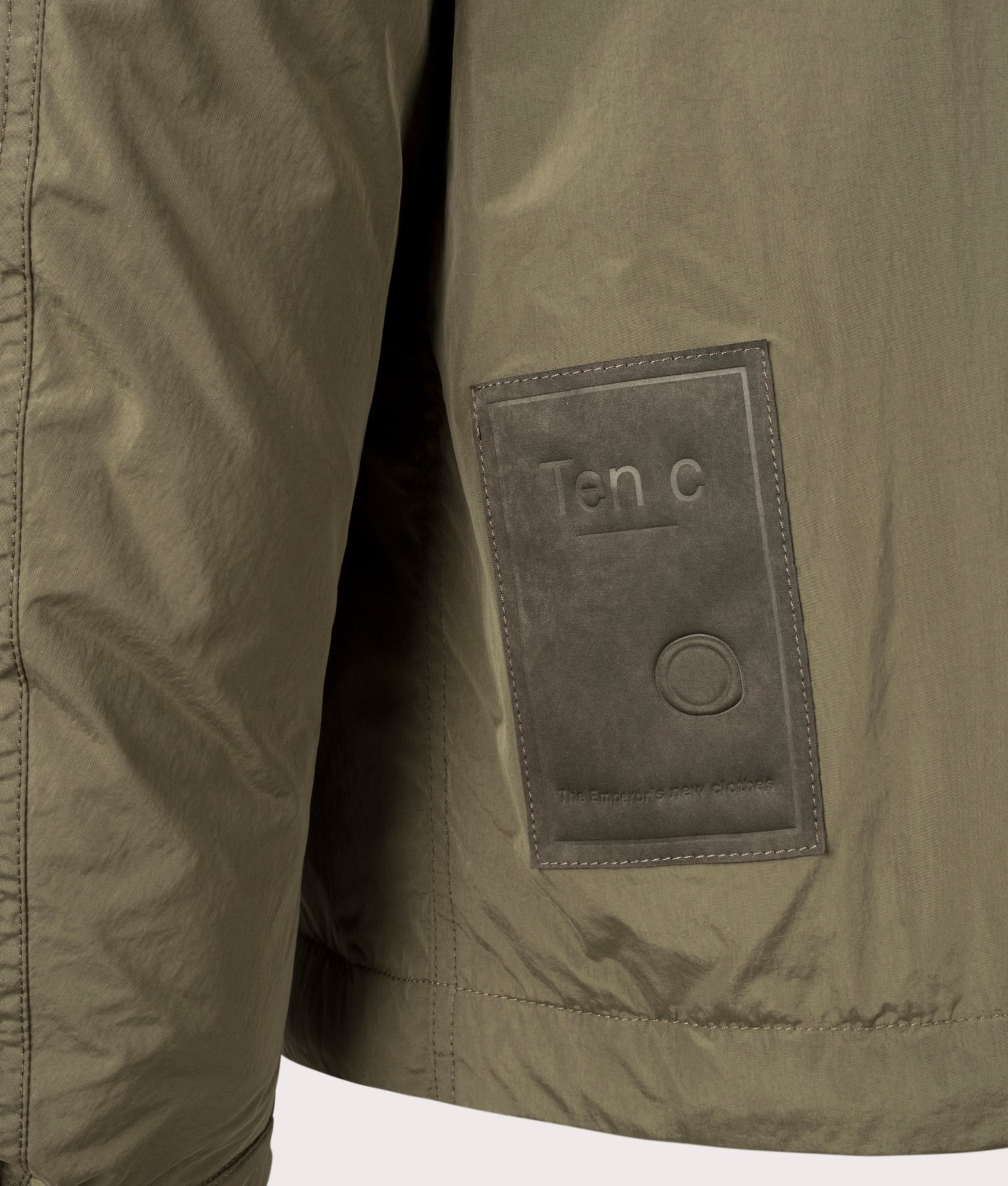 Nylon Micro-Fibre Touch Down Filled Jacket by Ten c in Green Wood. Shot by EQVVS. Back detail shot.