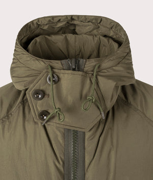 Nylon Micro-Fibre Touch Down Filled Jacket by Ten c in Green Wood. Shot by EQVVS. Front detail shot.