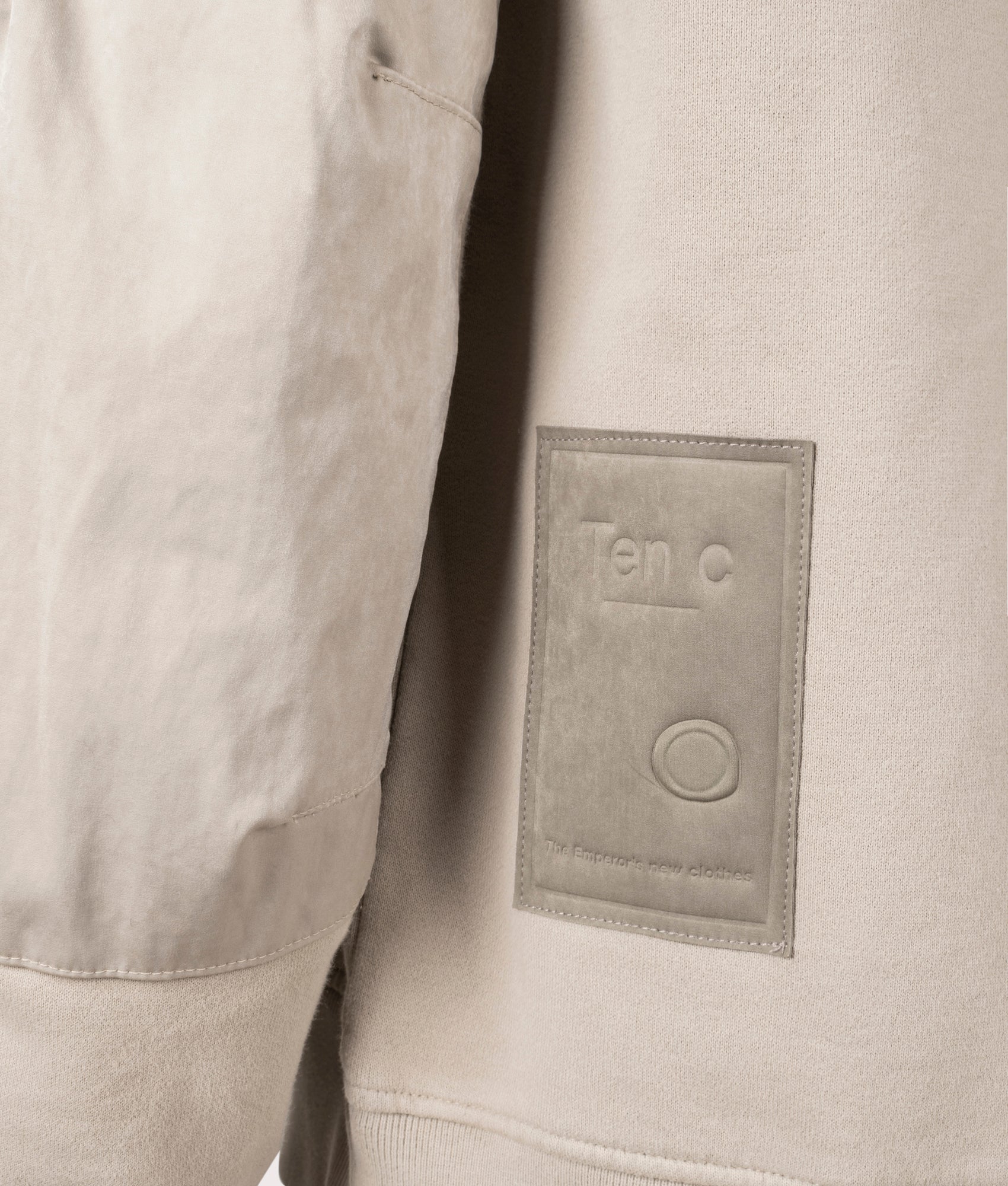 Felpa Chiusa Cappuccio Sweatshirt by Ten c in Pale Taupe. Shot by EQVVS. Detail shot.