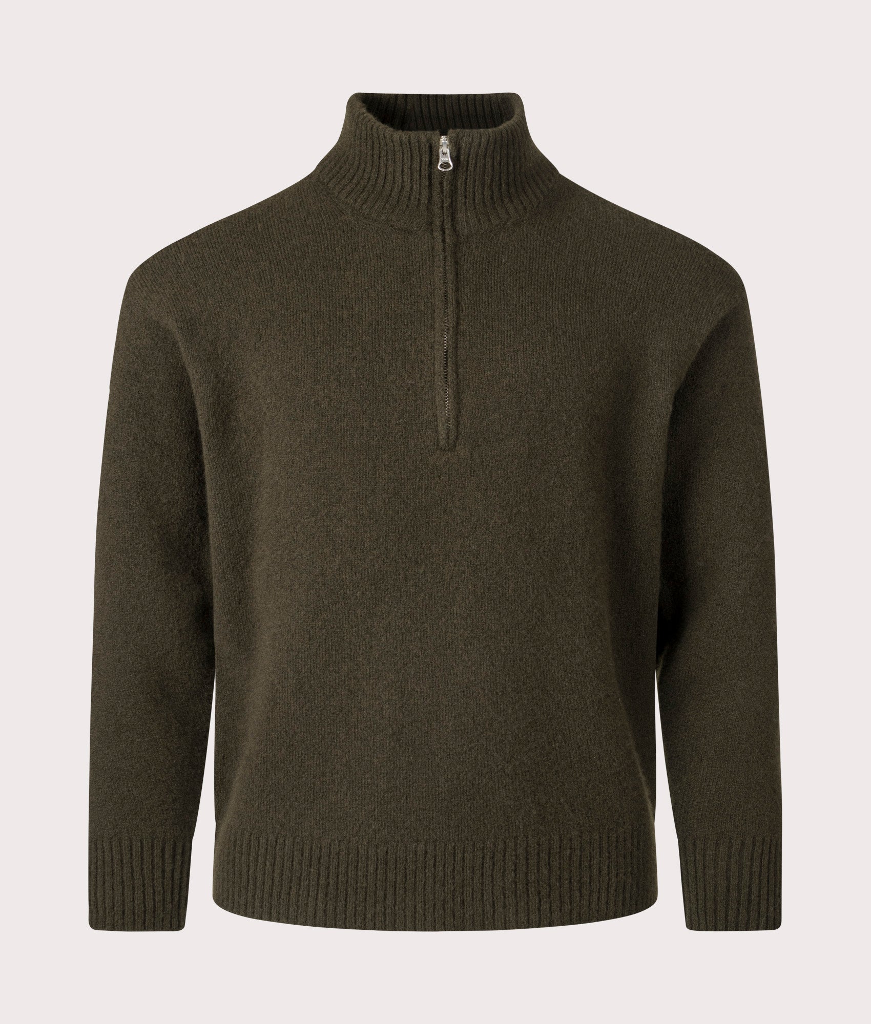 Maglia Collo Alto Quarter Zip Sweatshirt by Ten c in Green Lizard. Shot by EQVVS. Front shot.