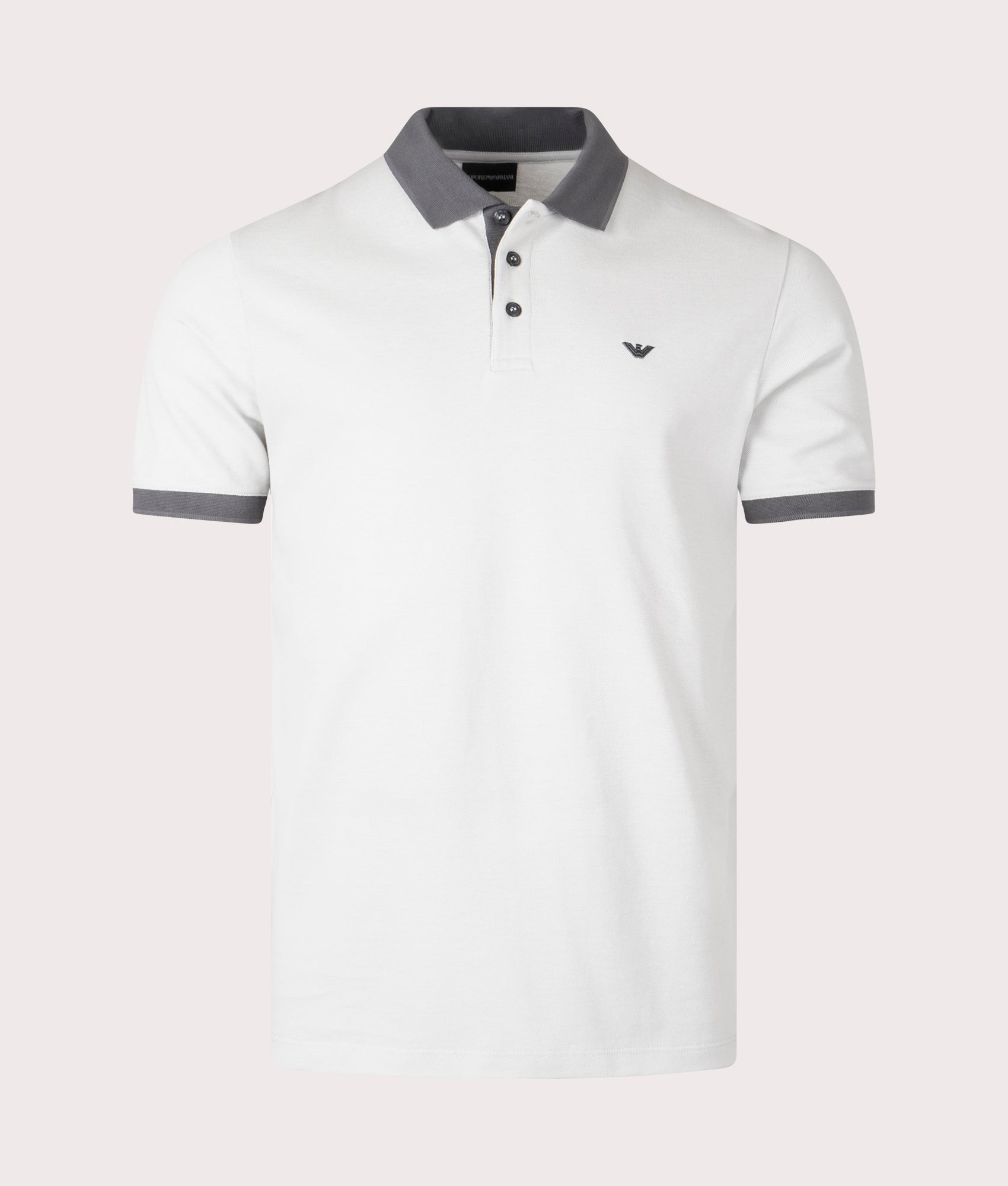 Contrast Collar Logo Polo Shirt in Lunar Rock by Emporio Armani. EQVVS Front Angle Shot.