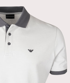 Contrast Collar Logo Polo Shirt in Lunar Rock by Emporio Armani. EQVVS Detail Shot.