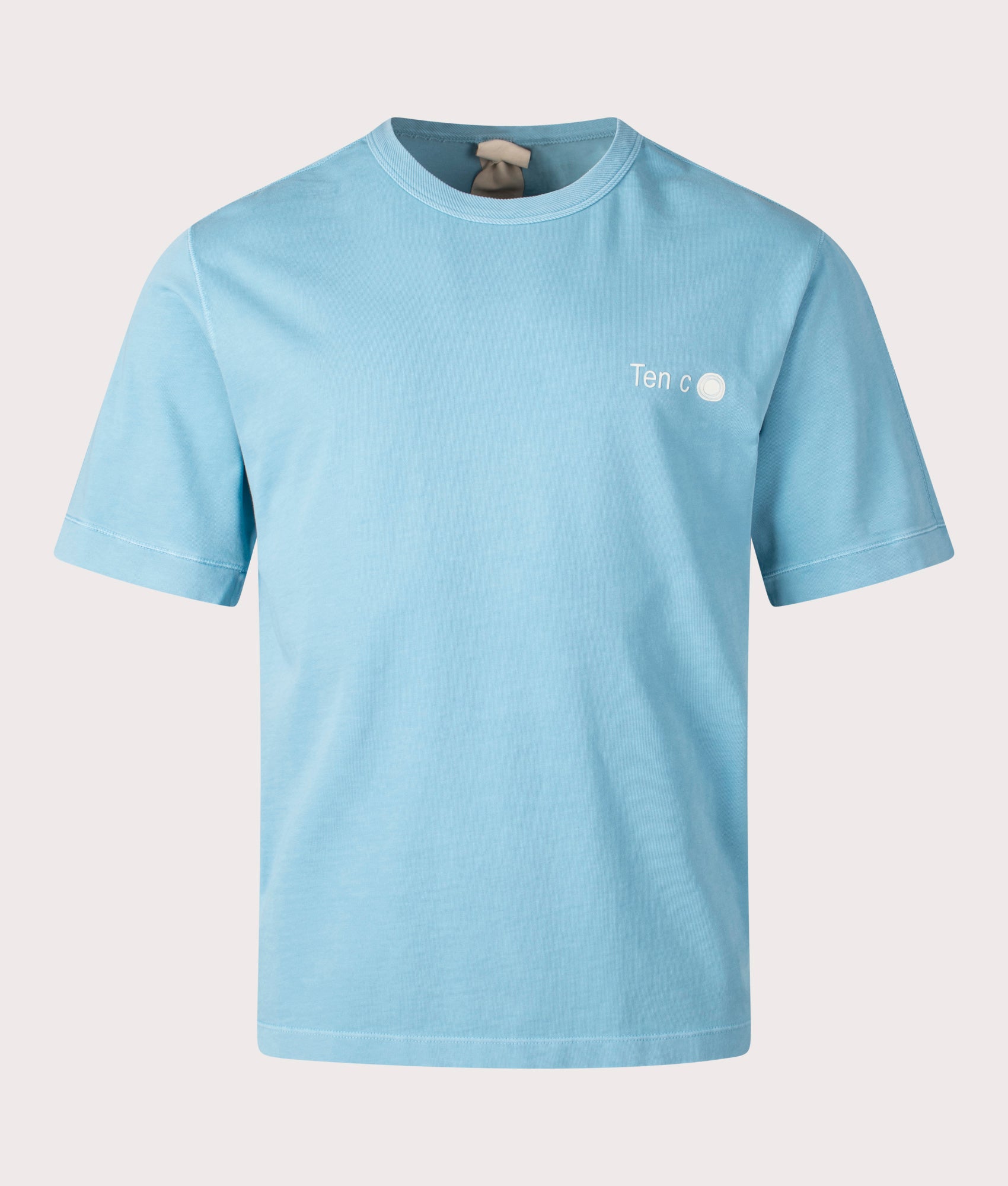 Ten c Mineral Garment Dyed T-Shirt in Sky Blue Lake, 100% Cotton at EQVVS. Front shot.