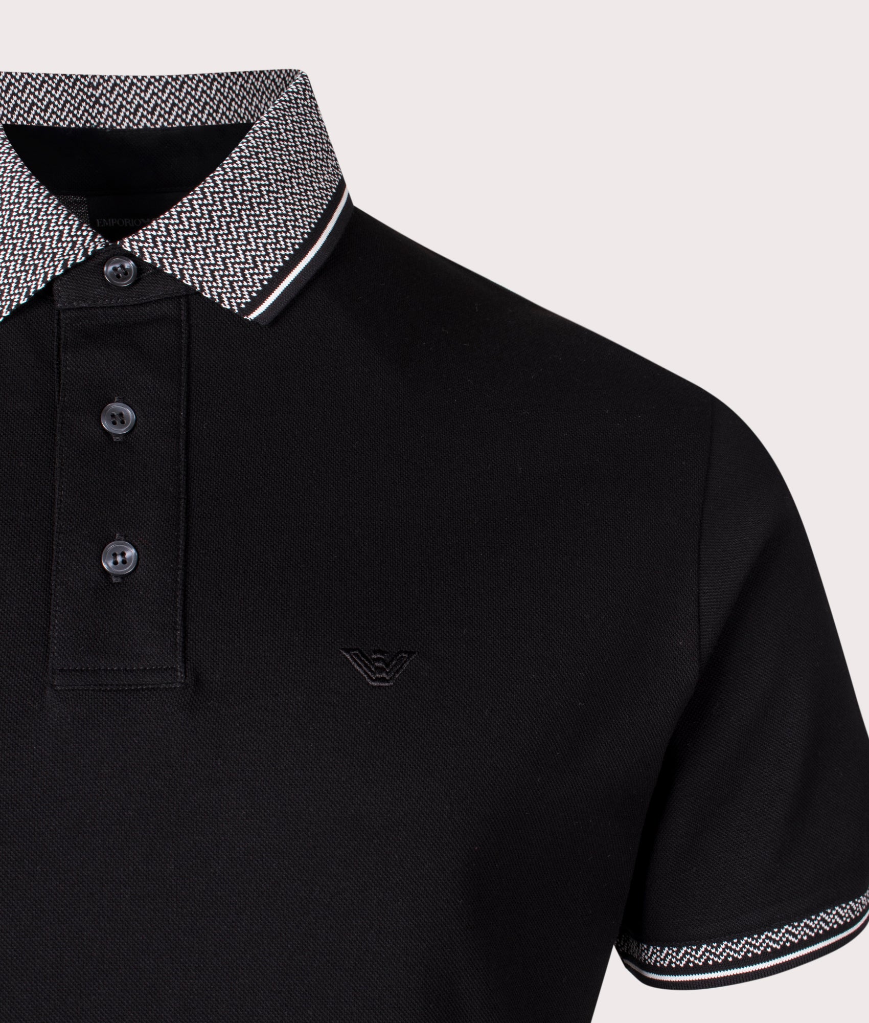 Contrast Collar Logo Polo Shirt in Black Updown by Emporio Armani. EQVVS Detail Shot.