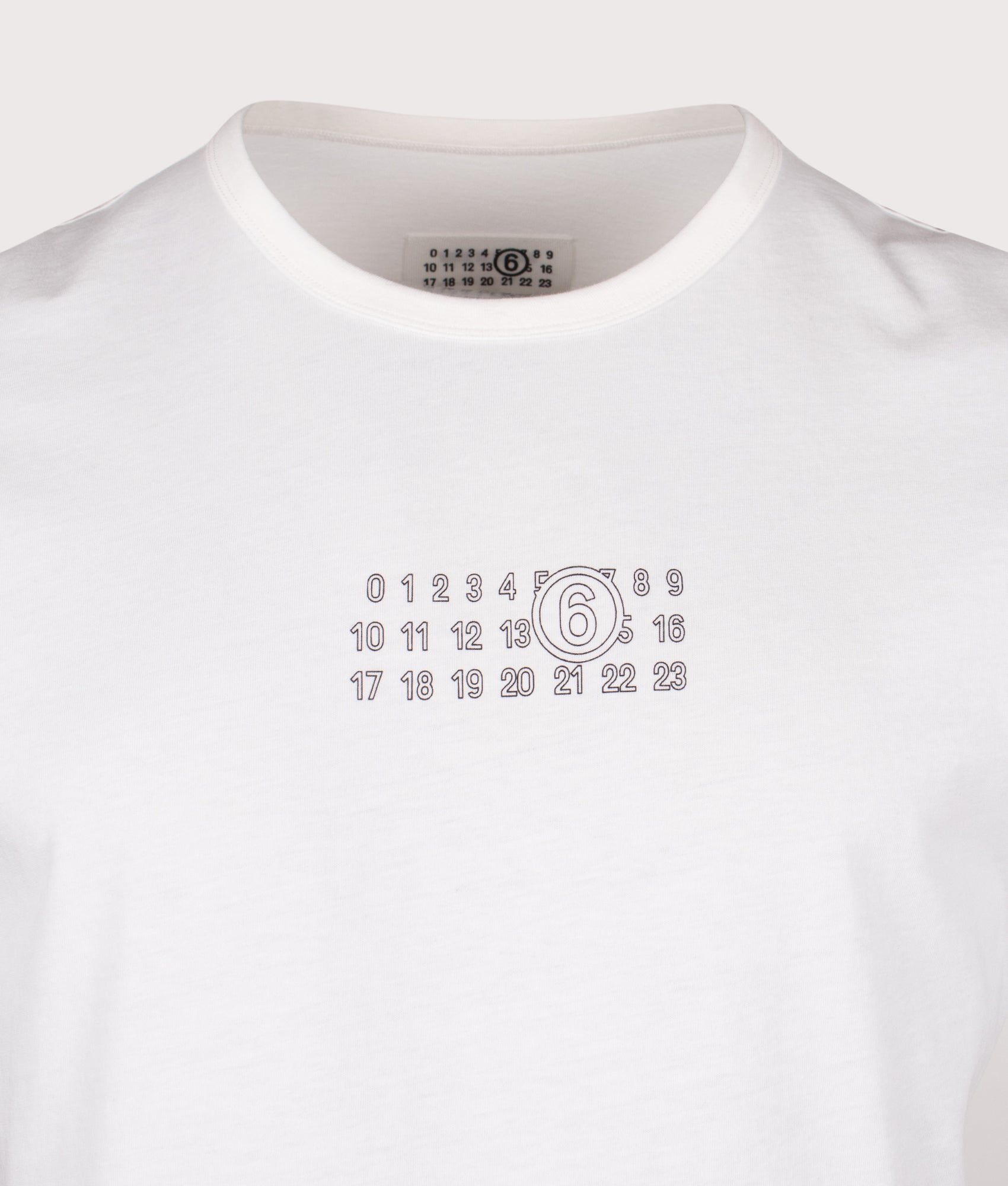 MM6 Maison Margiela Numeric T-Shirt in White at EQVVS Menswear. Detail shot.