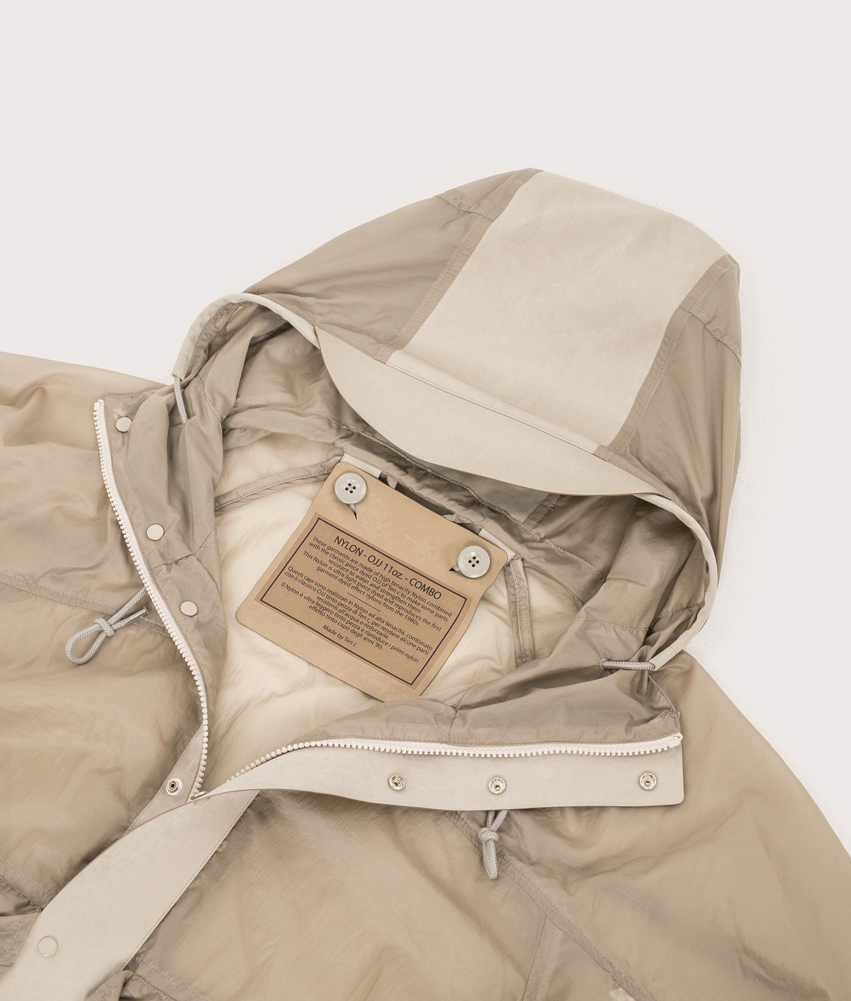 Skye Ten Anorak Jacket in Taupe Pillido | Ten C | EQVVS | Front detail shot 