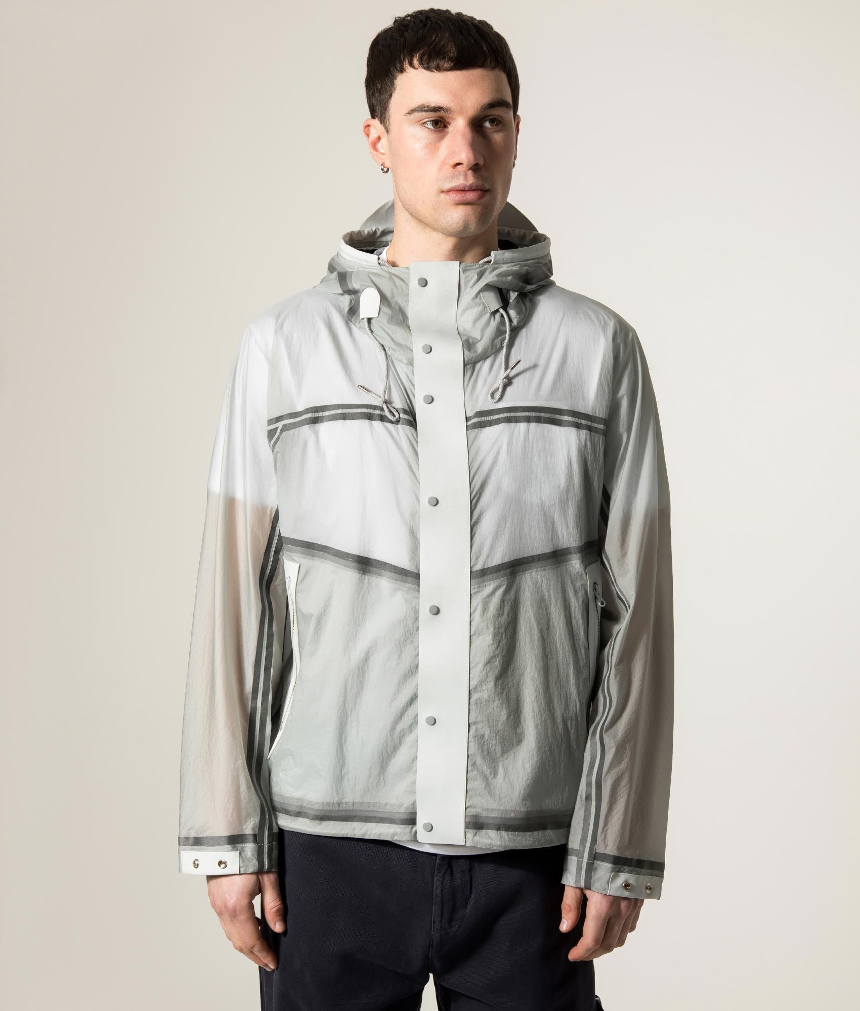 Ten c Nastrati Combo Bonded Anorak Jacket in Grey Microchip at EQVVS Menswear. Model front shot.