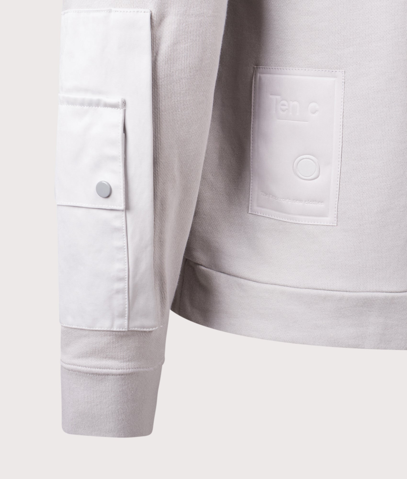 Ten c Garment Dyed Diagonal Fleece Sweatshirt in Grey Cloud at EQVVS Menswear. Detail shot.
