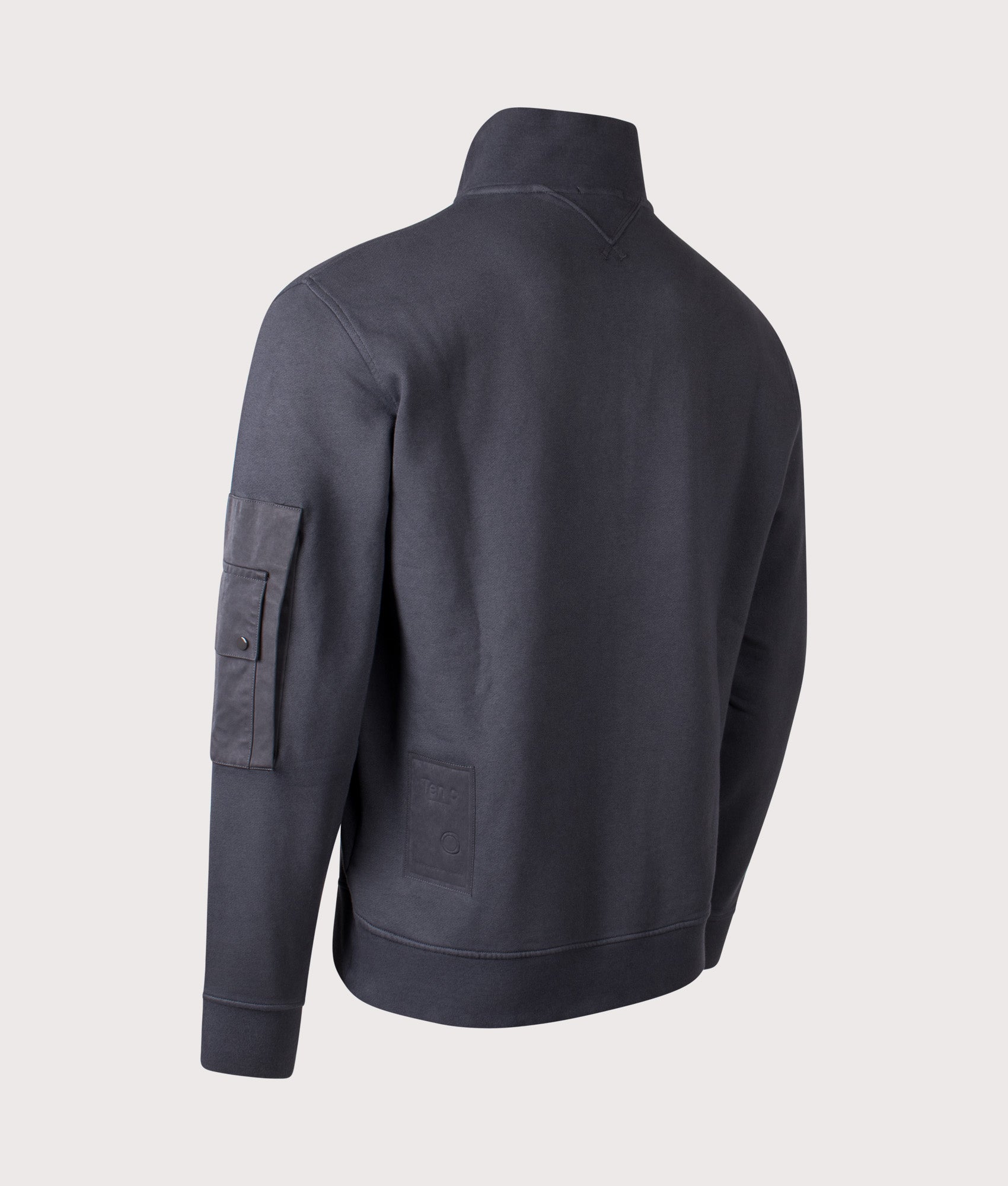 Ten C Garment Dyed Diagonal Fleece Quarter Zip Sweatshirt in Grey Smog at EQVVS Menswear. Angled back shot.