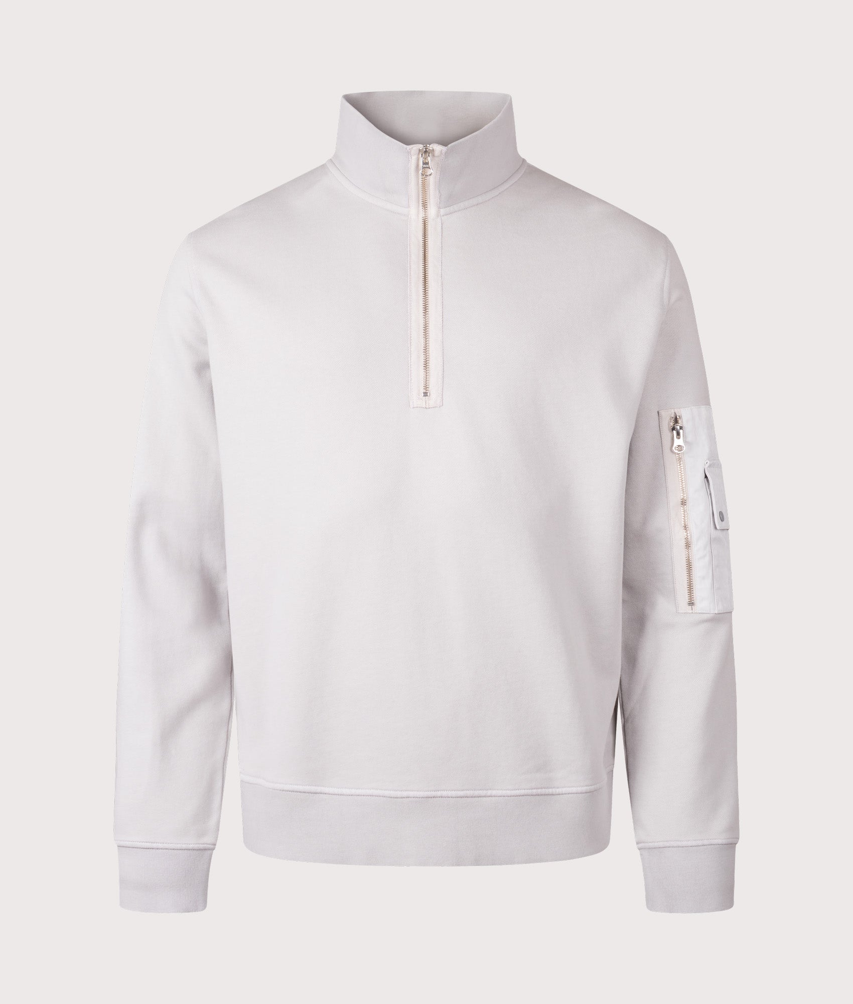 Ten c Garment Dyed Diagonal Fleece Quarter Zip Sweatshirt in Grey Cloud at EQVVS Menswear. Front shot.