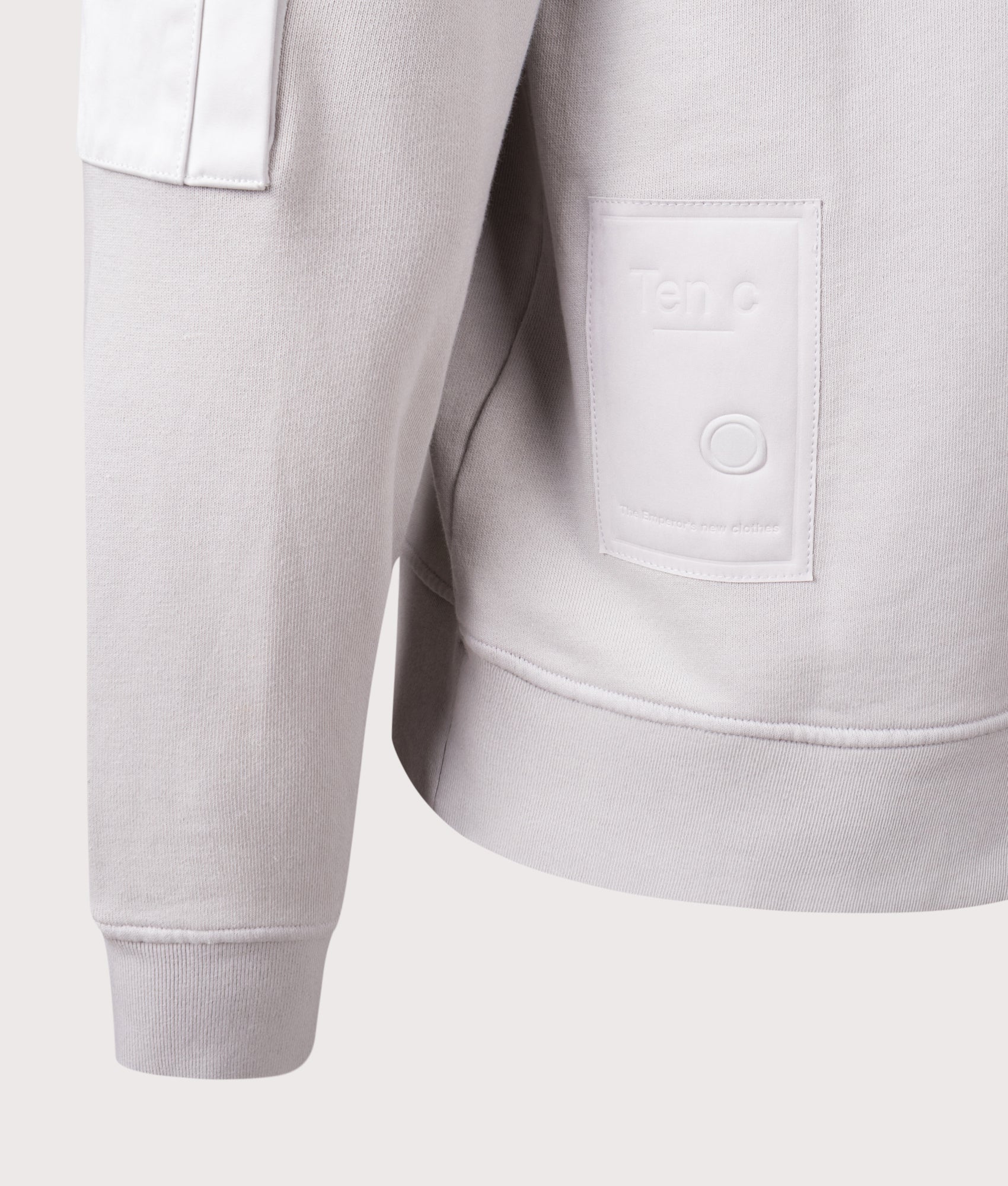 Ten c Garment Dyed Diagonal Fleece Quarter Zip Sweatshirt in Grey Cloud at EQVVS Menswear. Detail shot.