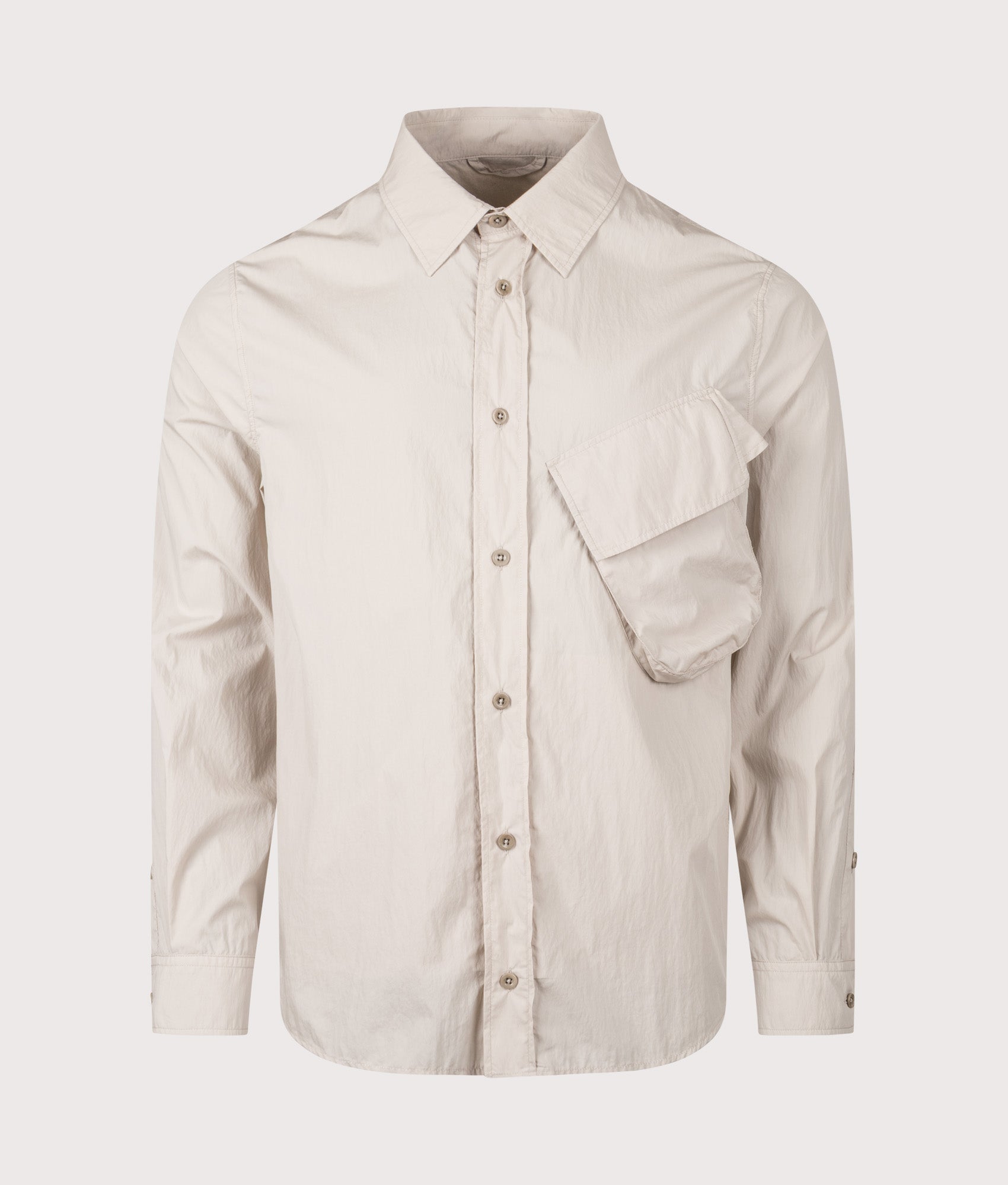Ten c Piece Dyed Pocket Shirt in Grey Sand at EQVVS Menswear. Front shot.