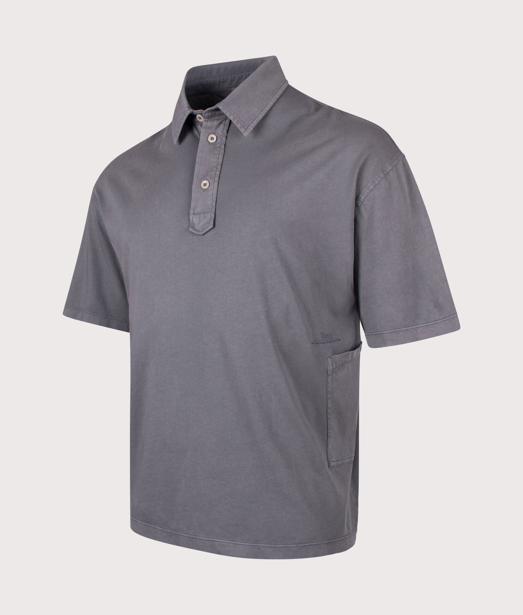 Ten c Light Marmo Dyed Polo Shirt in Carbon Grey at EQVVS Menswear. Angled front shot.