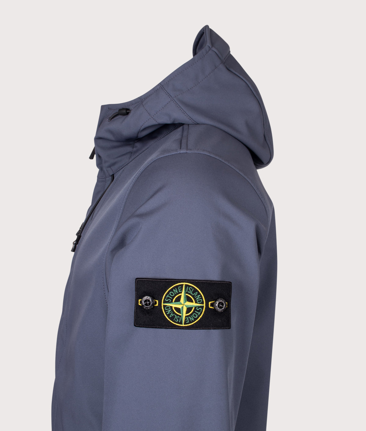 Stone Island Soft Shell-R_E.Dye® Technology Jacket in Slate Blue at EQVVS Menswear. Detail shot.