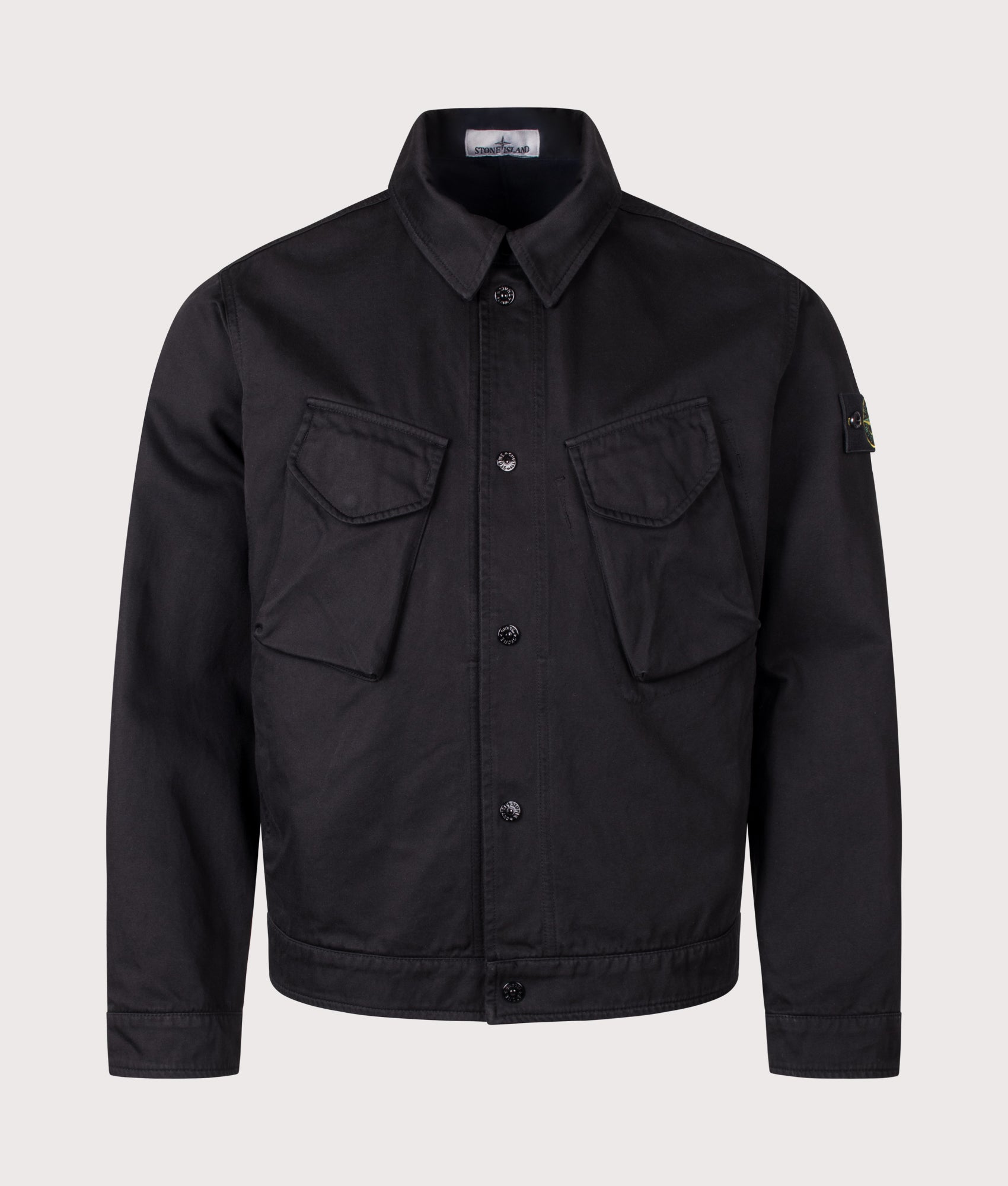 Stone Island Dense Cotton Twill-TC Jacket in Black at EQVVS Menswear. Front shot.