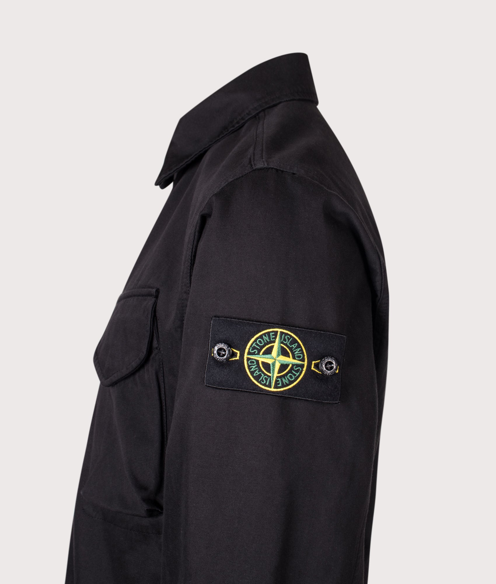 Stone Island Dense Cotton Twill-TC Jacket in Black at EQVVS Menswear. Detail shot.