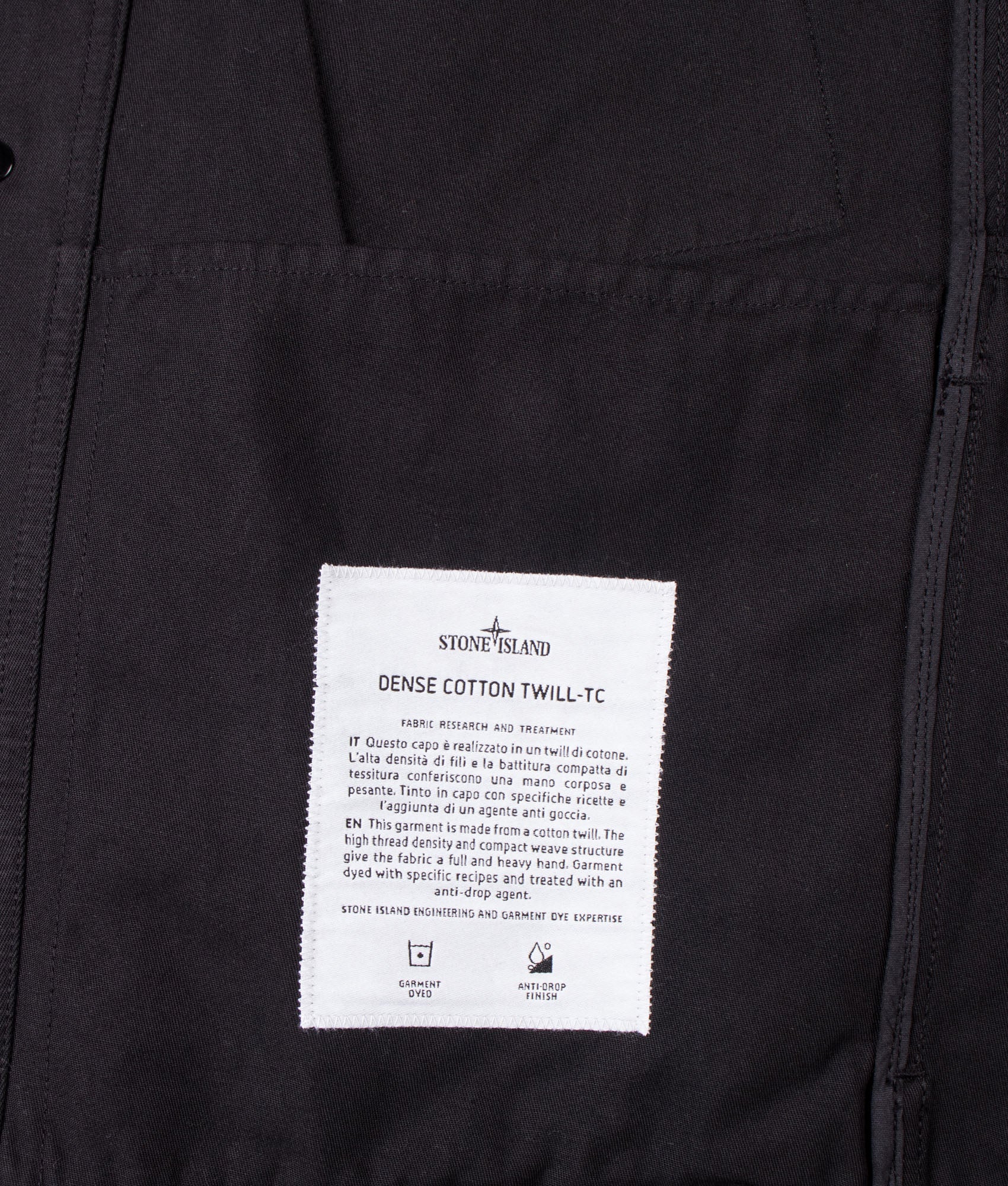 Stone Island Dense Cotton Twill-TC Jacket in Black at EQVVS Menswear. Internal label shot.
