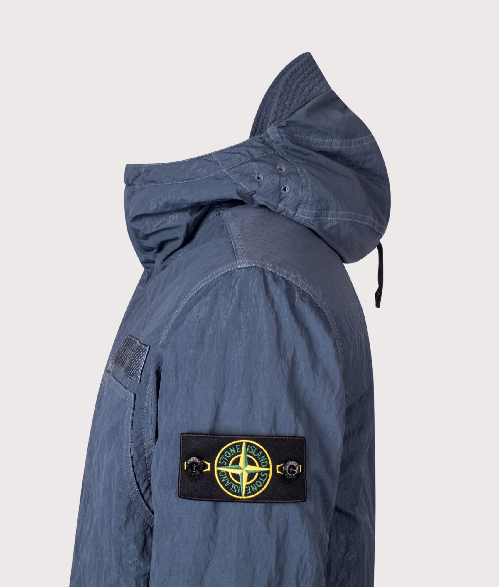 Stone Island Warp Rib Nylon-TC Jacket in Slate Blue at EQVVS Menswear. Detail shot.