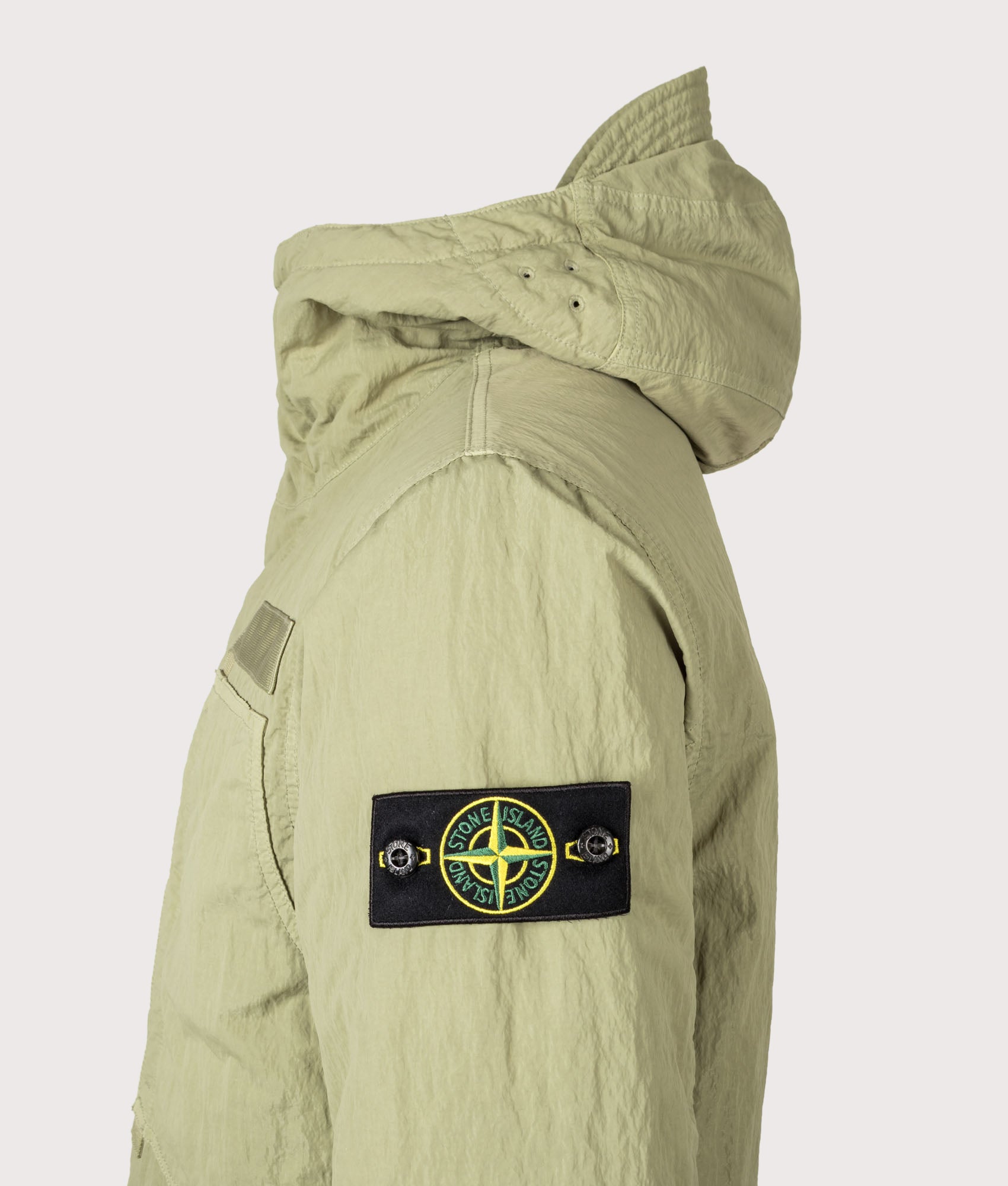 Stone Island Warp Rib Nylon-TC Jacket in Laurel Green at EQVVS Menswear. Detail shot.