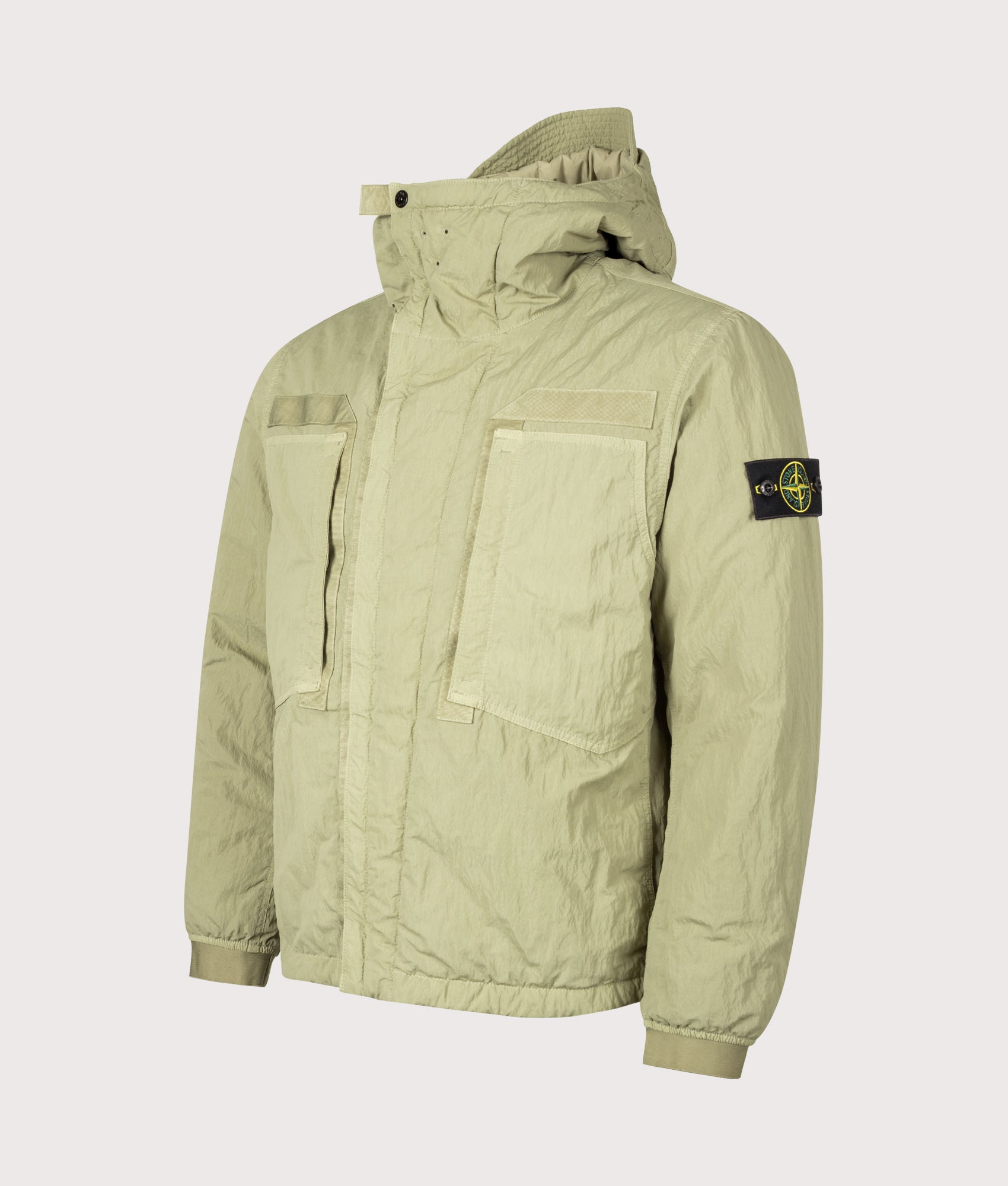 Stone Island Warp Rib Nylon-TC Jacket in Laurel Green at EQVVS Menswear. Angled front shot.