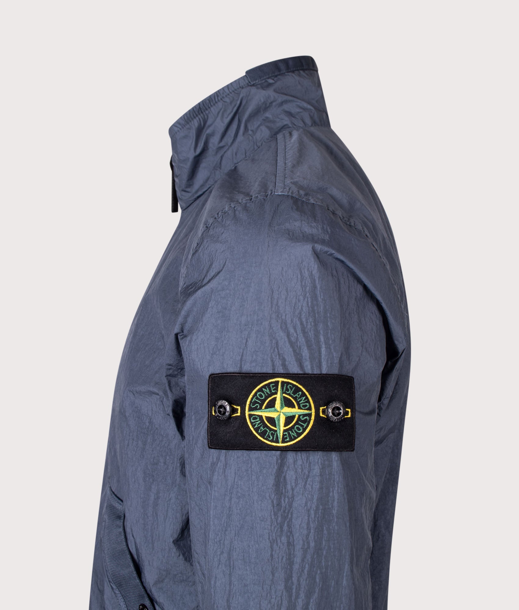 Stone Island Garment Dyed Crinkle Reps NY Jacket  in Slate Blue at EQVVS Menswear. Detail shot.