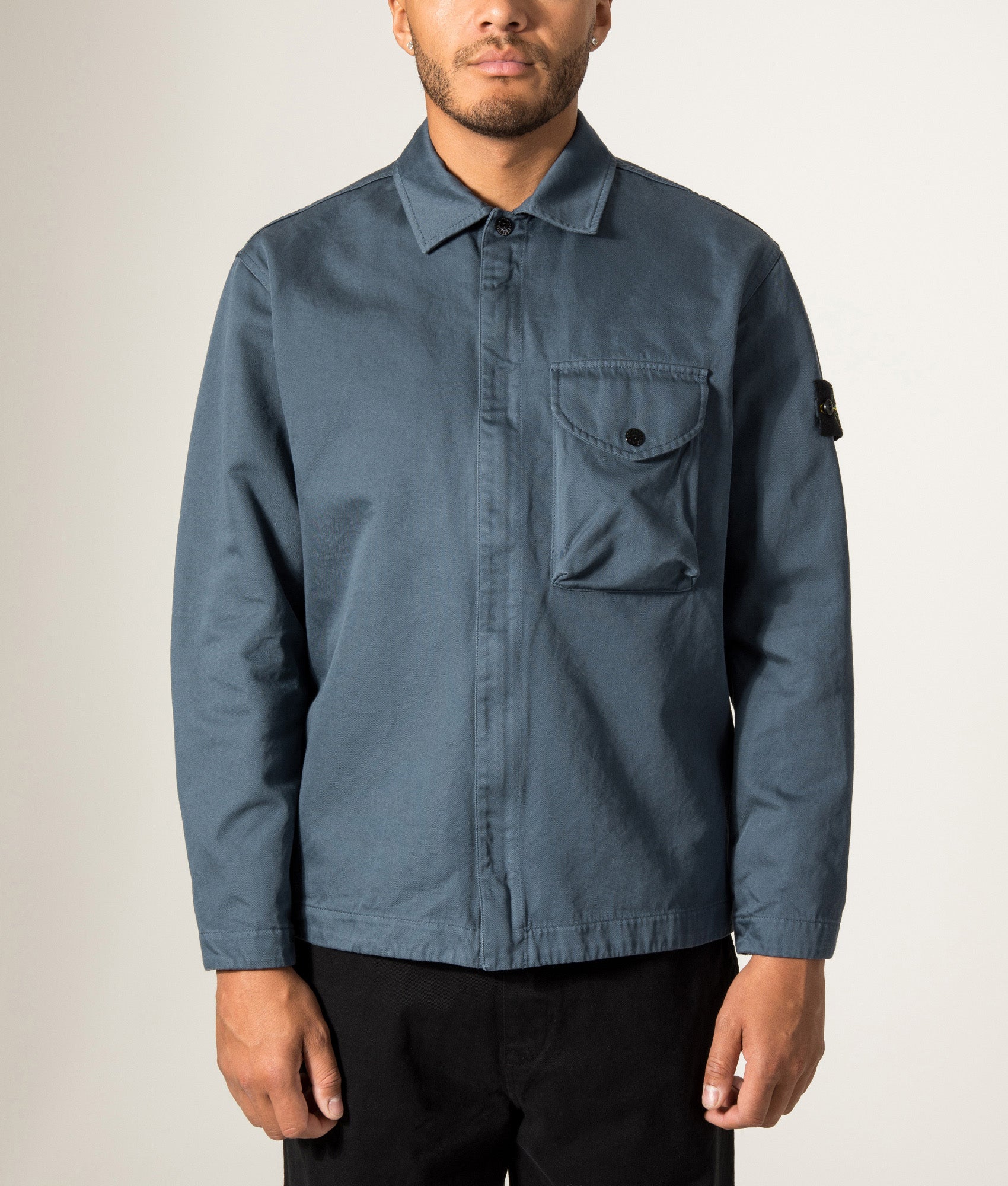 Stone Island Overshirt in Slate Blue at EQVVS Menswear. Model front shot.