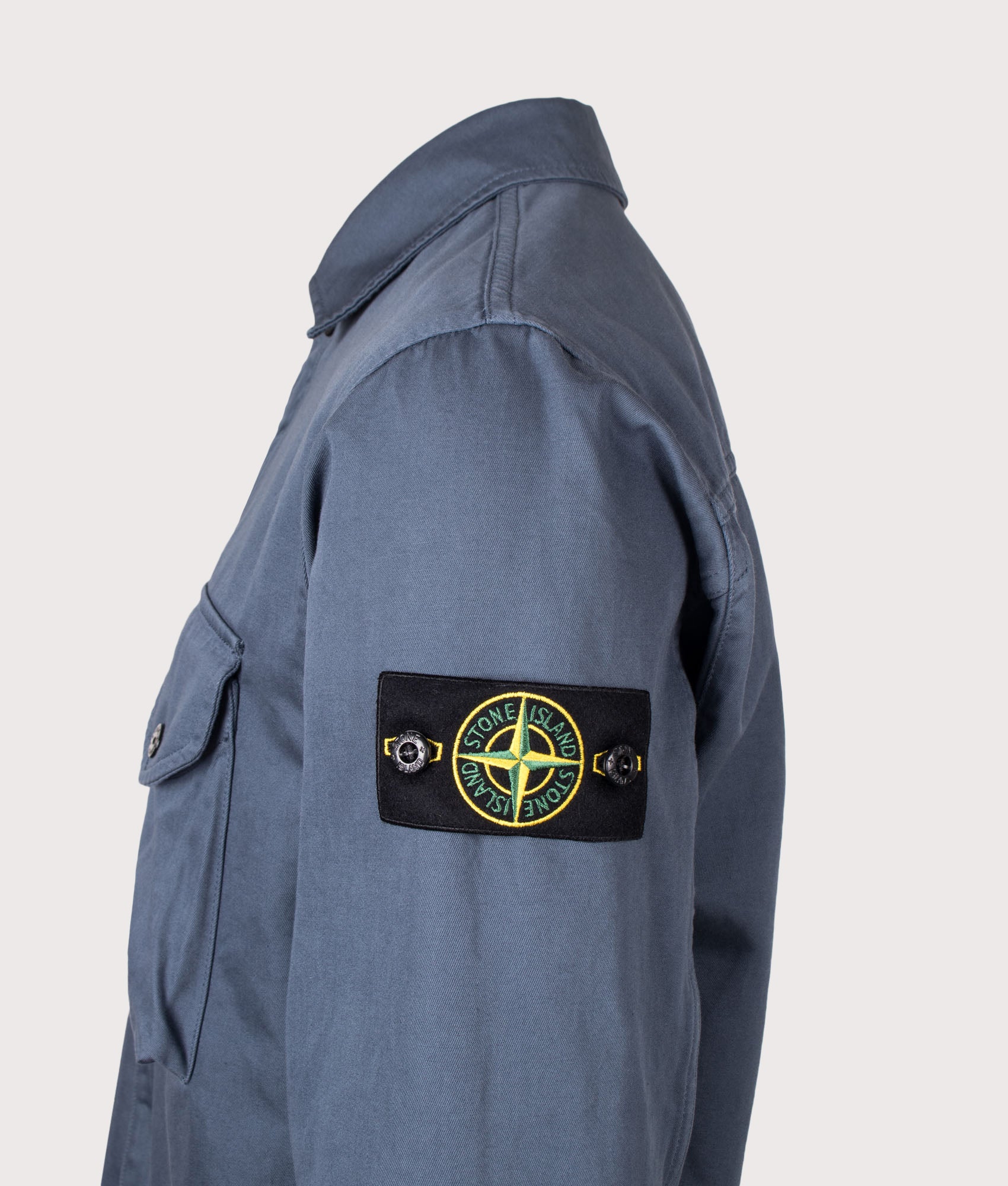 Stone Island Overshirt in Slate Blue at EQVVS Menswear. Detail shot.