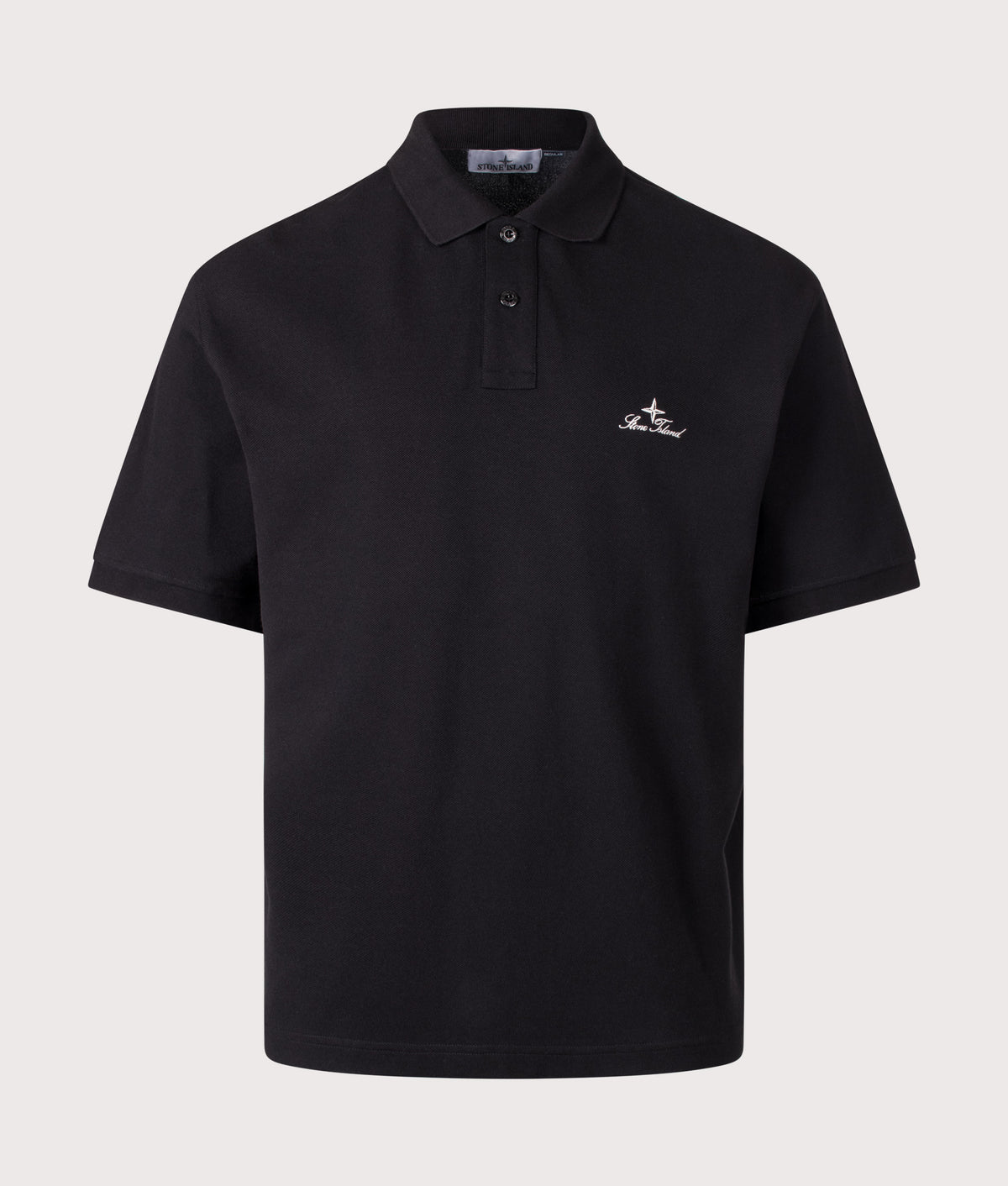 Stone Island Regular Fit 50/2 Organic Pique Polo Shirt in Black at EQVVS Menswear. Front shot.