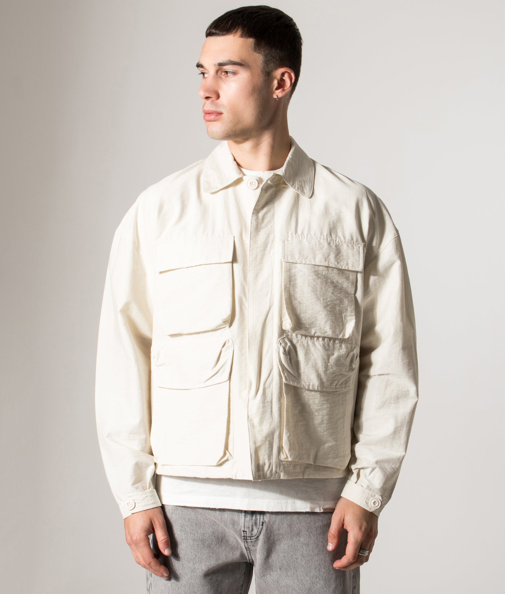 Box Overshirt. Shot by EQVVS. Model front angled shot.