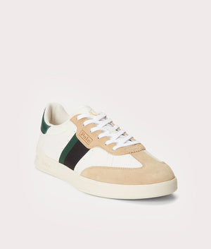 Ralph Lauren HTR Aera-SK-LTL Trainers in 004 Bone/Black/Green front side shot at EQVVS