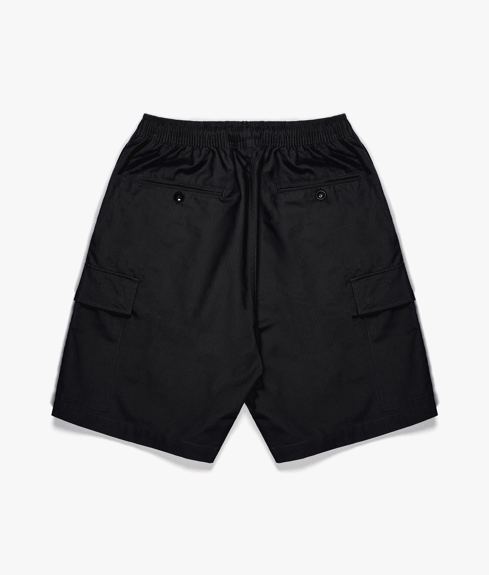 Relaxed Fit Ripstop Cargo Shorts by MKI MIYUI ZOKU. EQVVS Back Flat Shot.